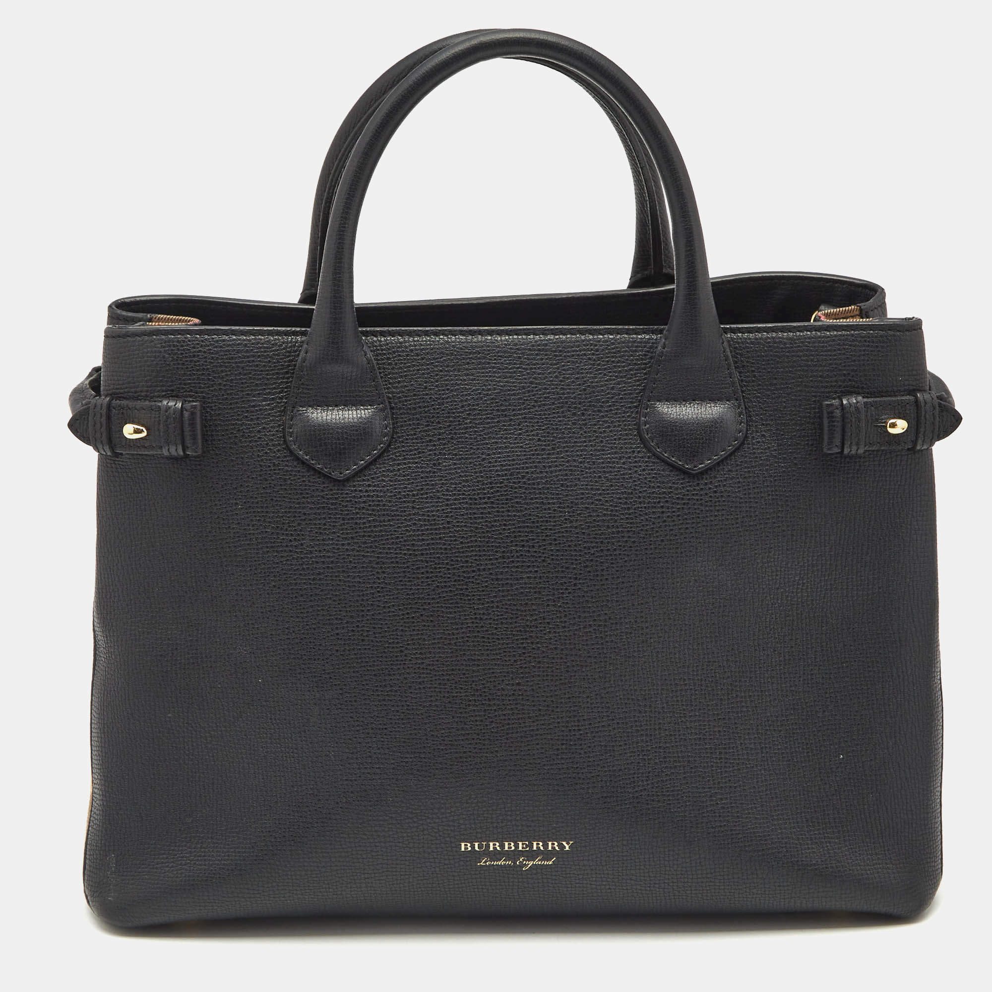 Burberry Black Leather and House Check Canvas Medium Banner Tote