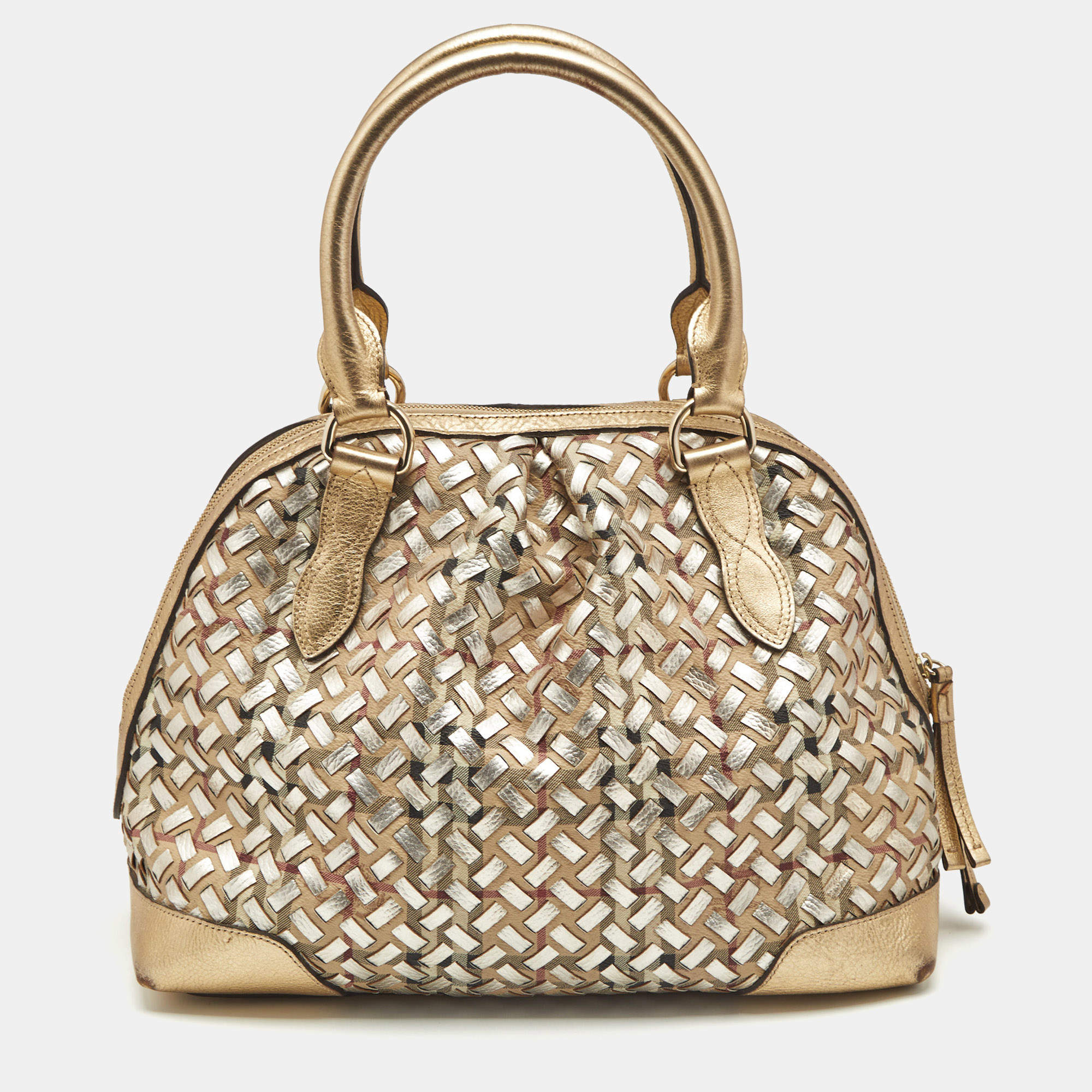Burberry Gold/Beige Haymarket Check PVC and Woven Leather Thornley Satchel