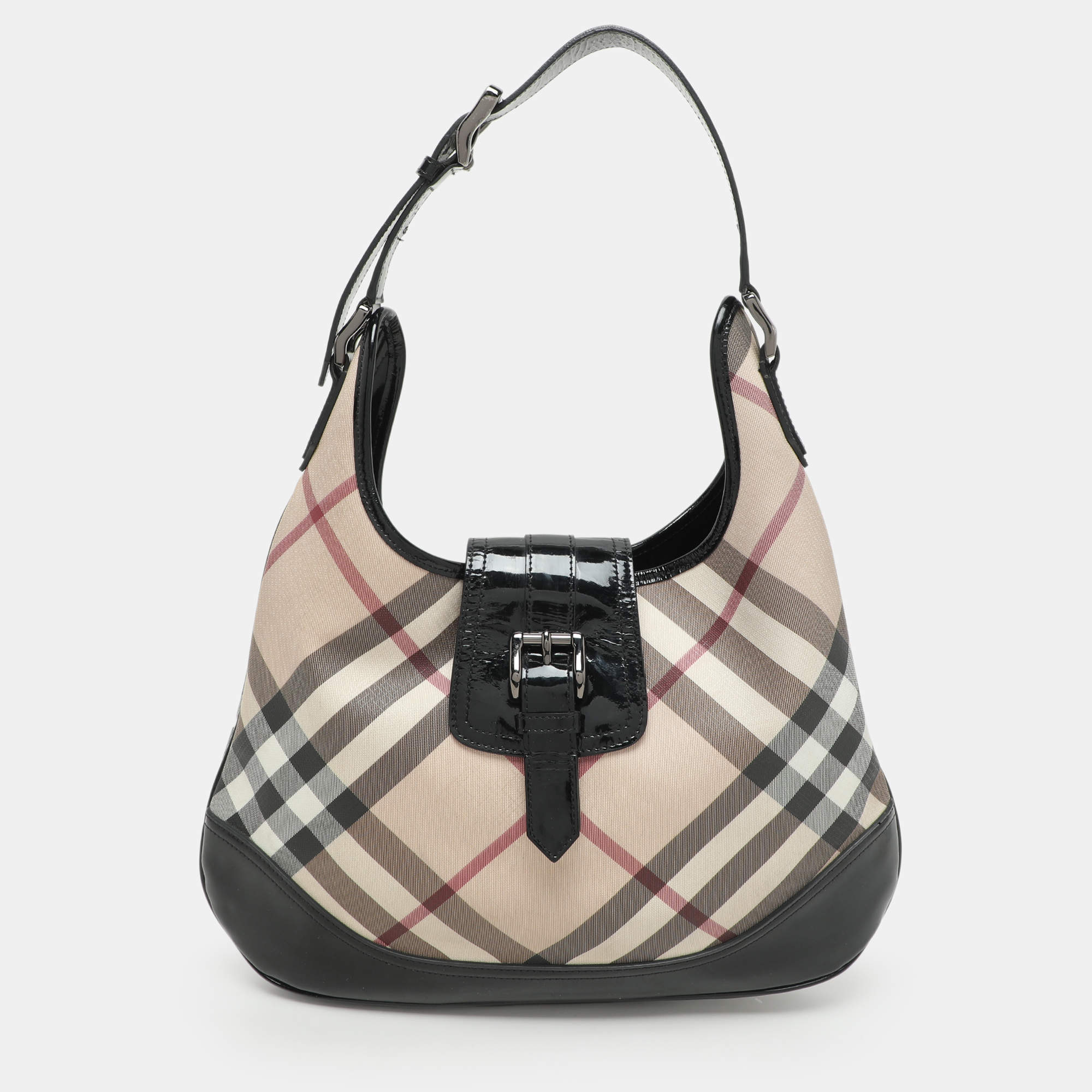 Pre Owned Burberry Black/Beige Nova Check PVC and Patent Leather Brooke Hobo