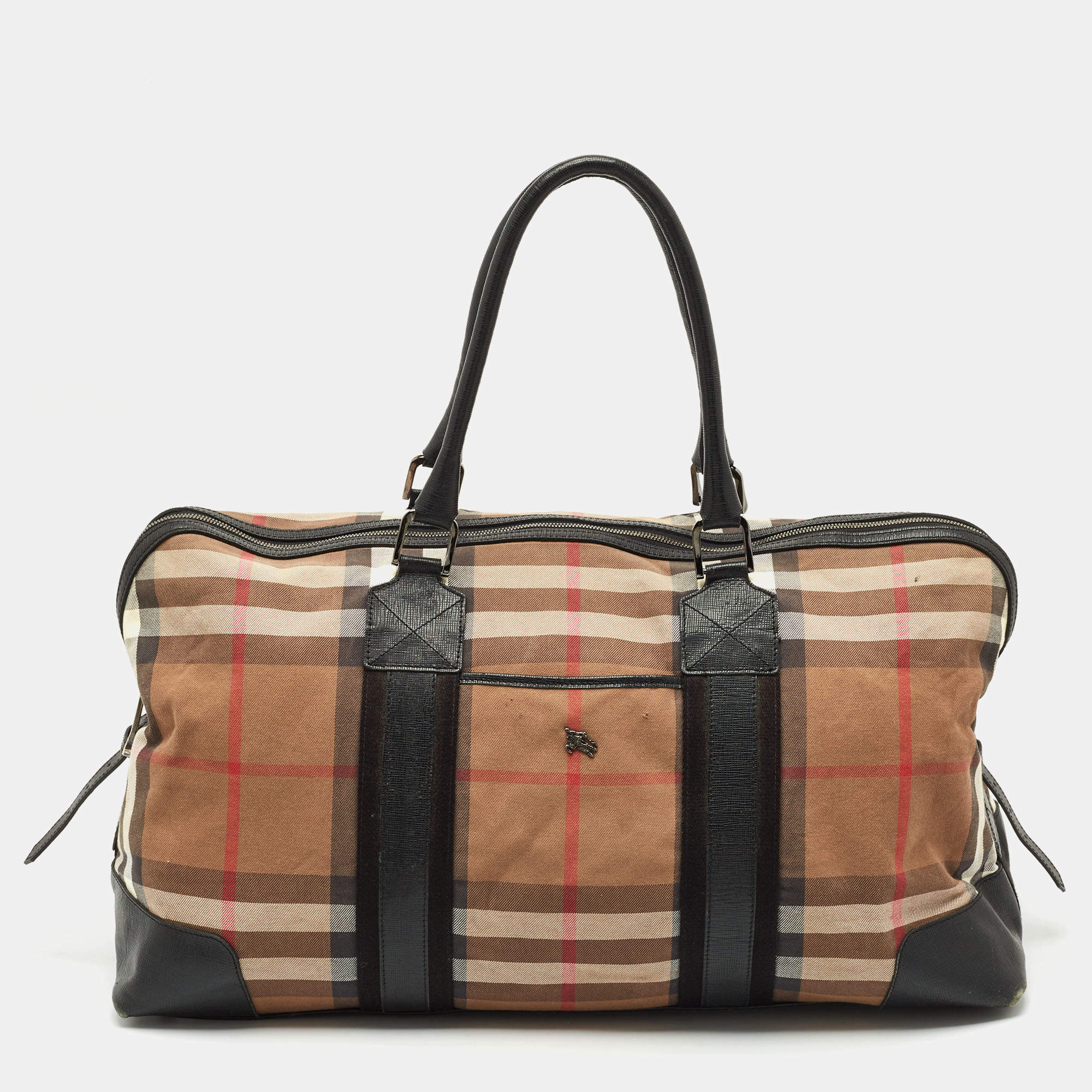 Burberry Black/Beige House Check Canvas and Leather Duffel Bag