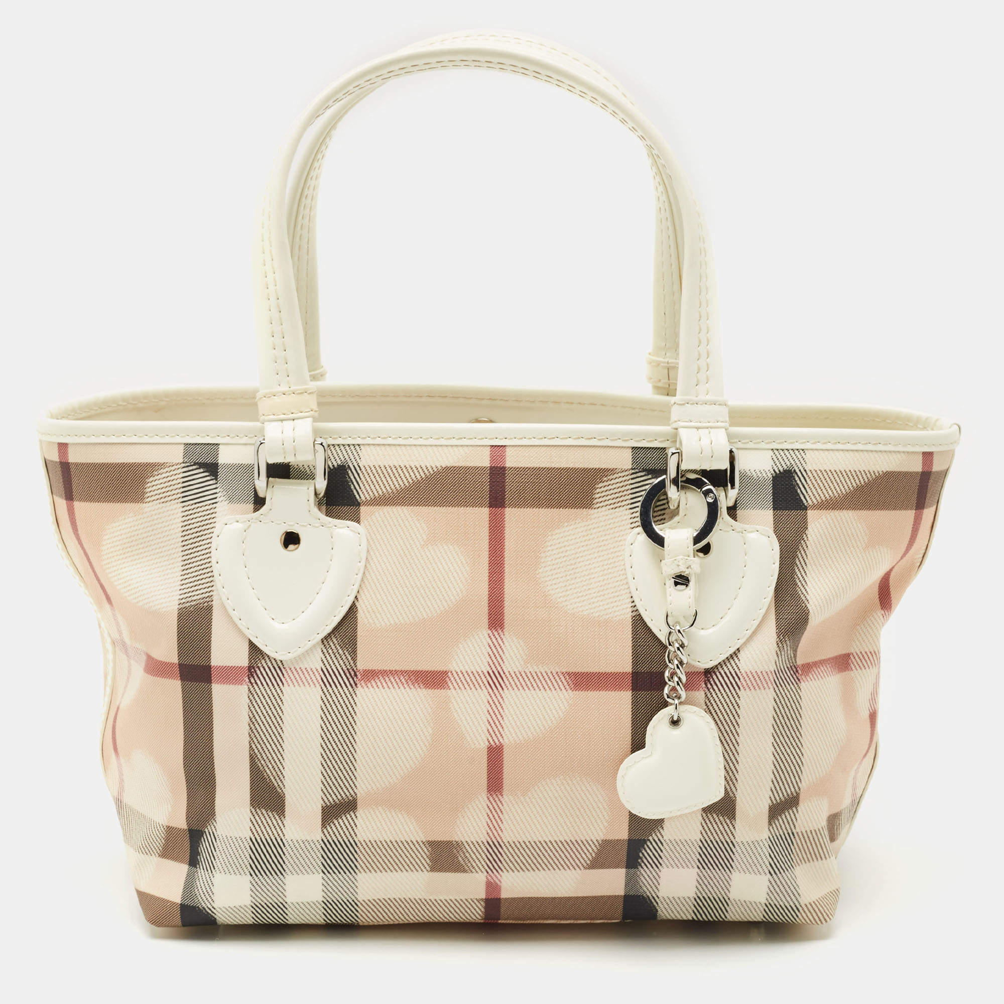 Pre Owned Burberry White/Beige House Check PVC and Patent Leather Open Heart Tote
