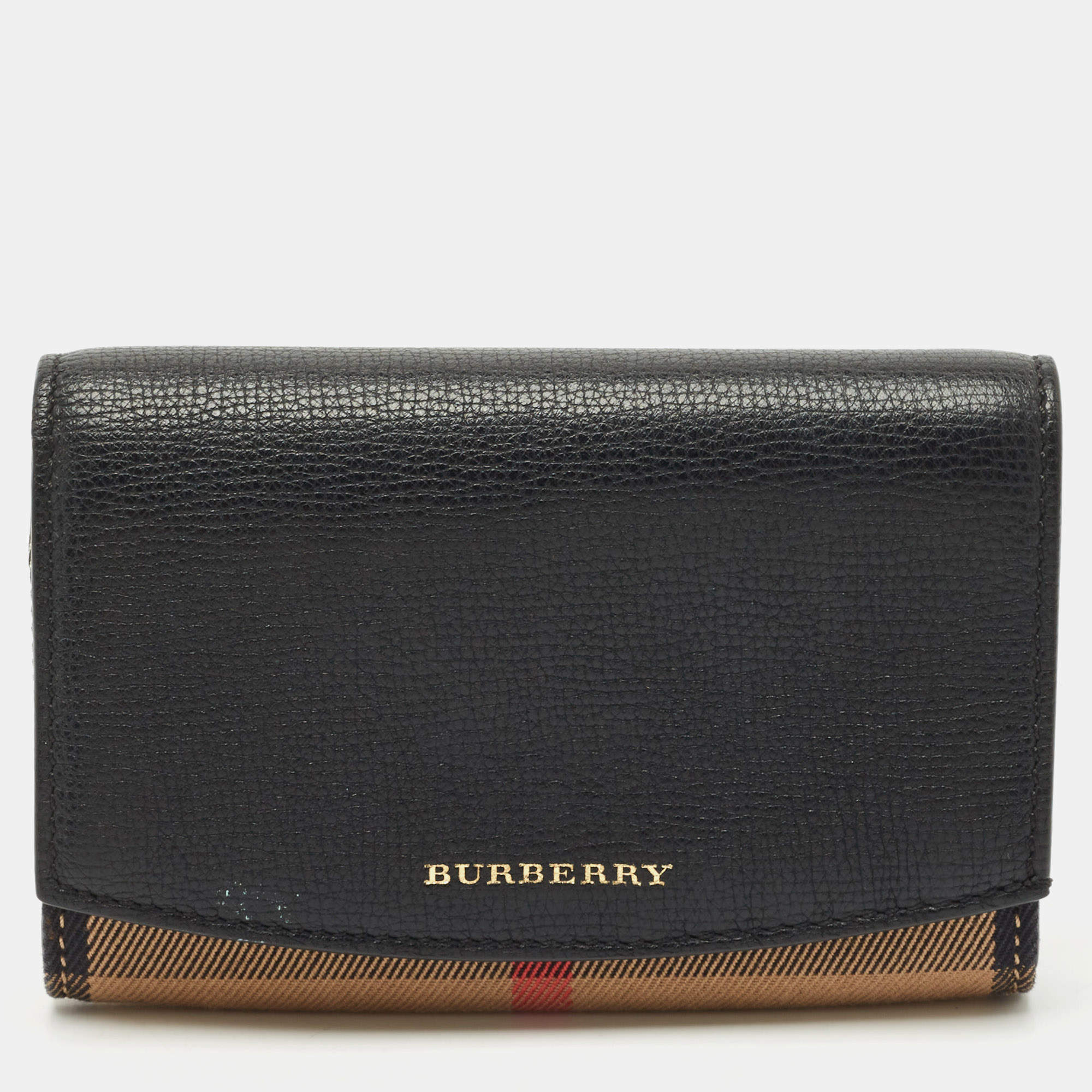 Burberry Black/Beige House Check Canvas and Leather Wellington Compact Wallet