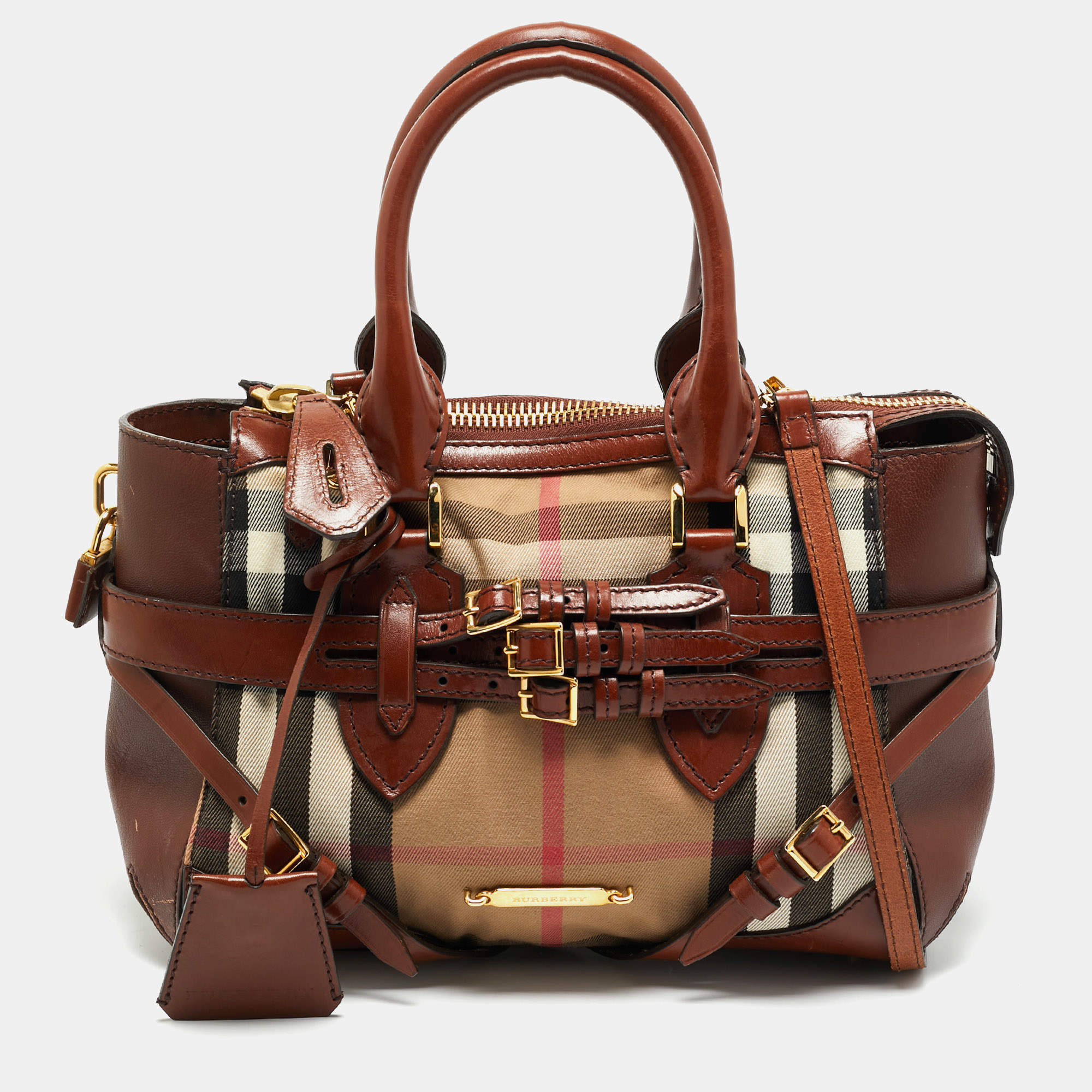 Burberry Brown/Beige House Check Canvas and Leather Bridle Lynher Tote