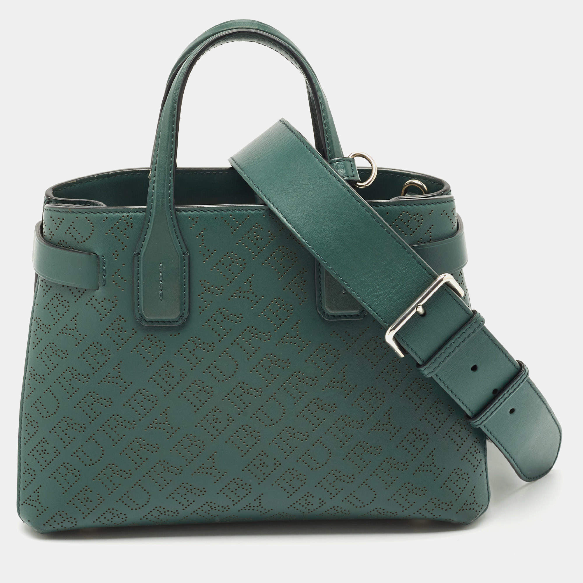 Burberry Green Perforated Leather Small Banner Tote