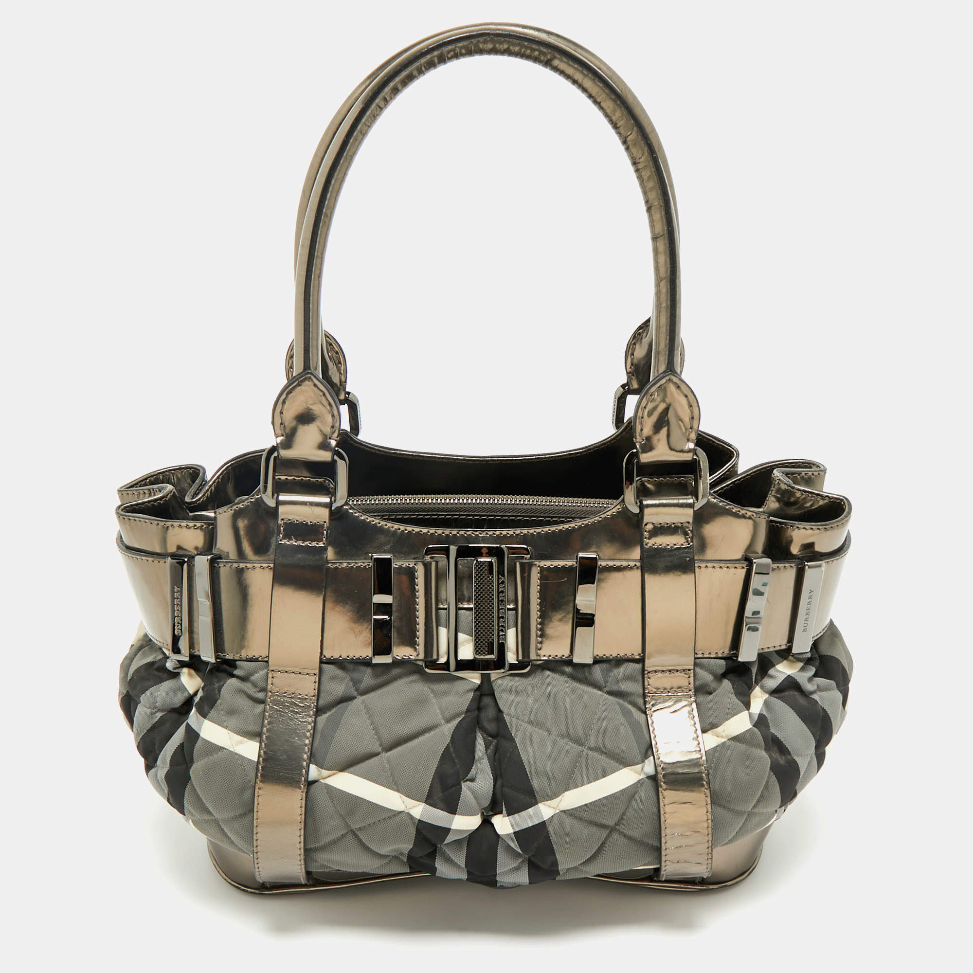 Pre Owned Burberry Black/Grey Beat Check Nylon and Patent Leather Small Healy Tote