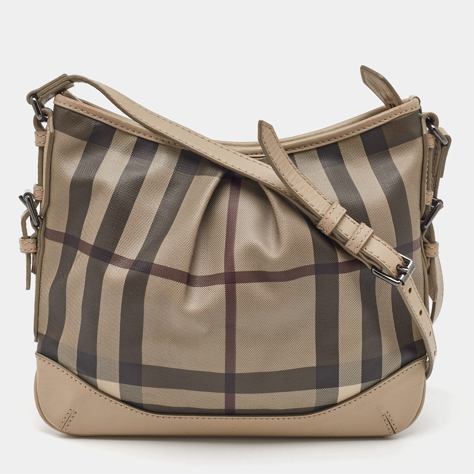 Pre Owned Burberry Beige/Grey Smoked Check Coated Canvas and Leather Hartham Shoulder Bag