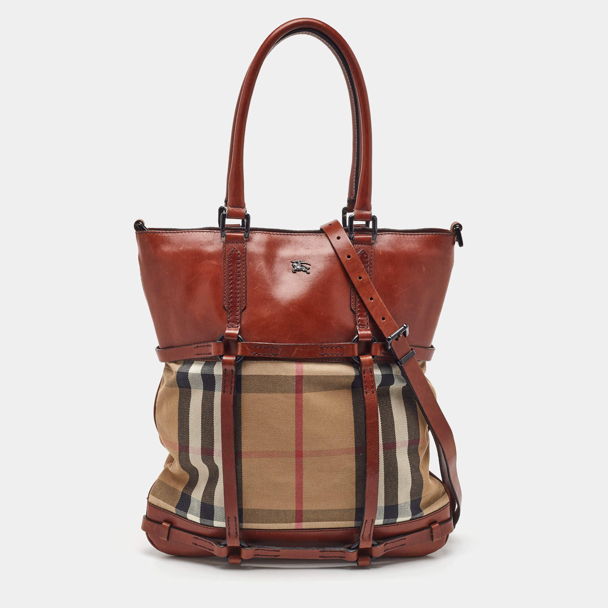 Pre Owned Burberry Beige/Brown Housecheck Canvas and Leather Slim Tote