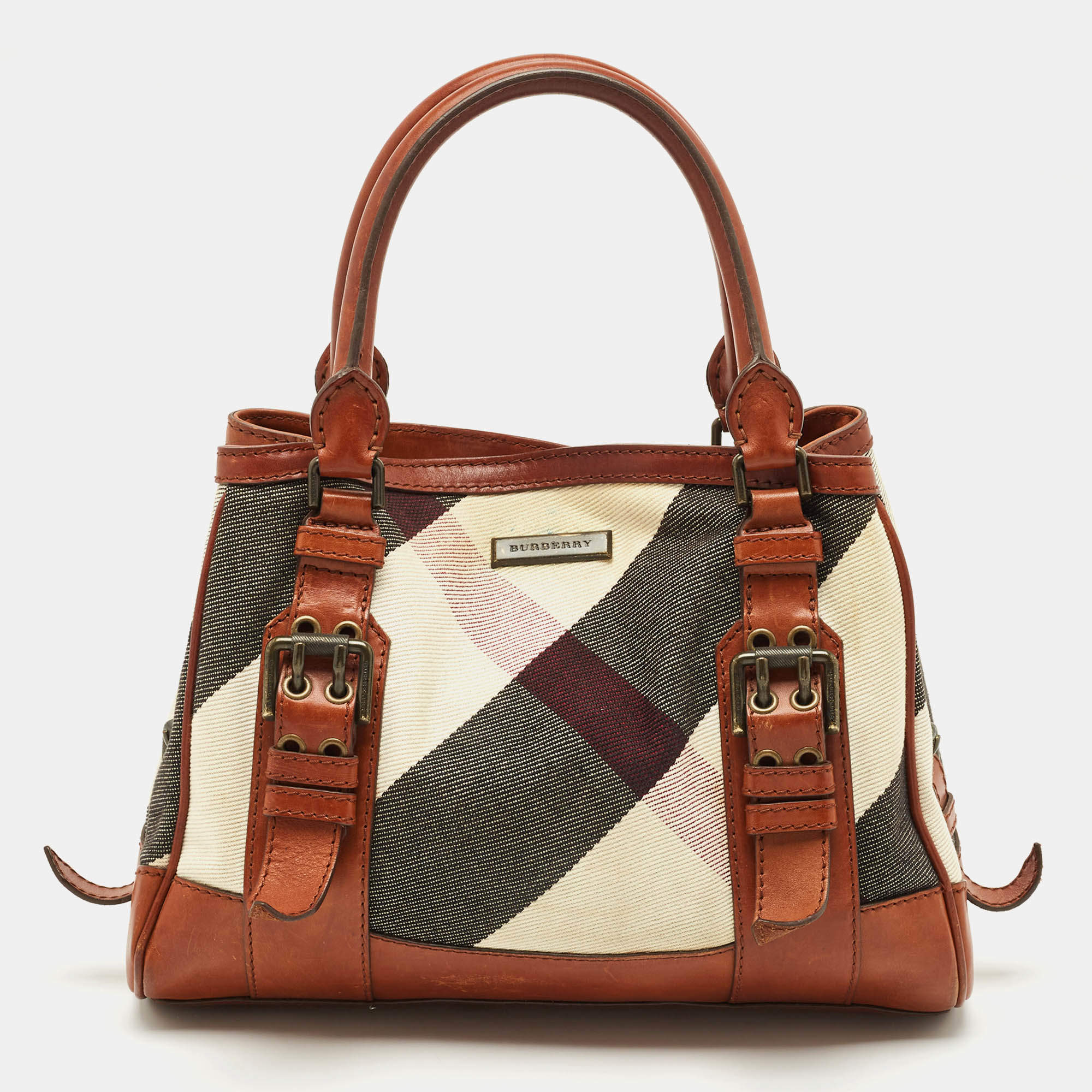 Pre Owned Burberry Brown Mega Check Fabric and Leather Tote