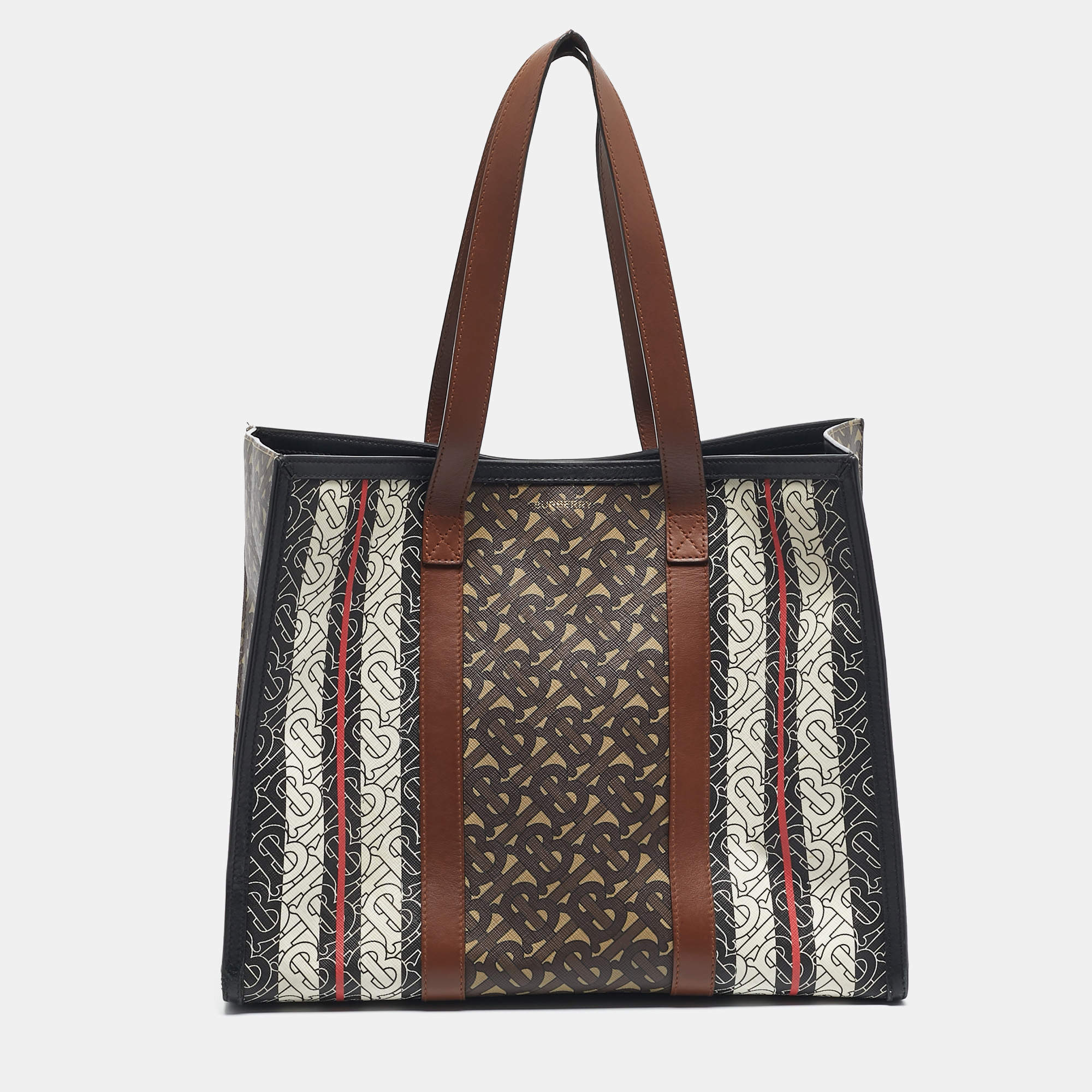 Pre Owned Burberry Bridle Brown TB Coated Canvas Small East West Book Tote