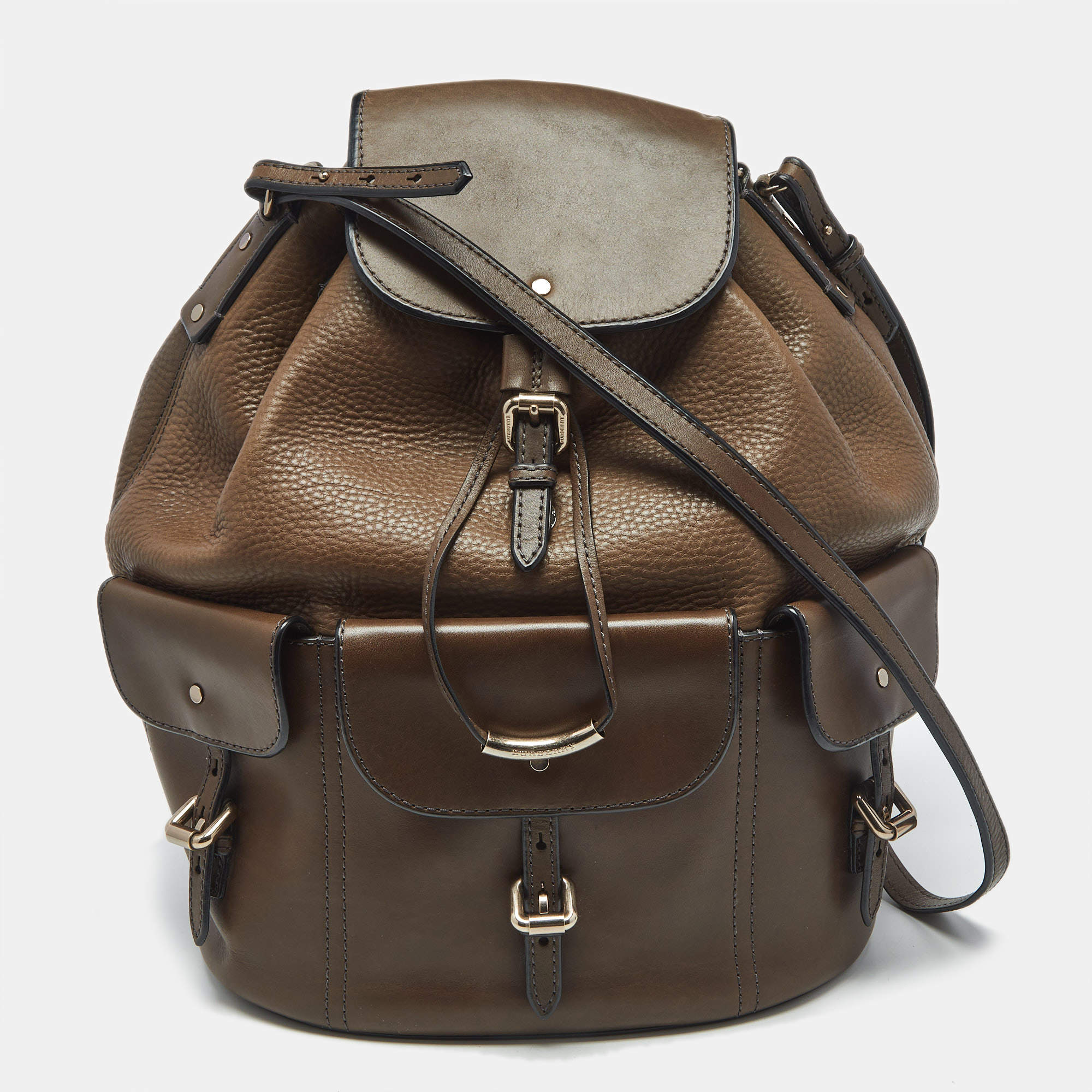 Pre Owned Burberry Brown Leather Multi Pockets Drawstring Shoulder Bag