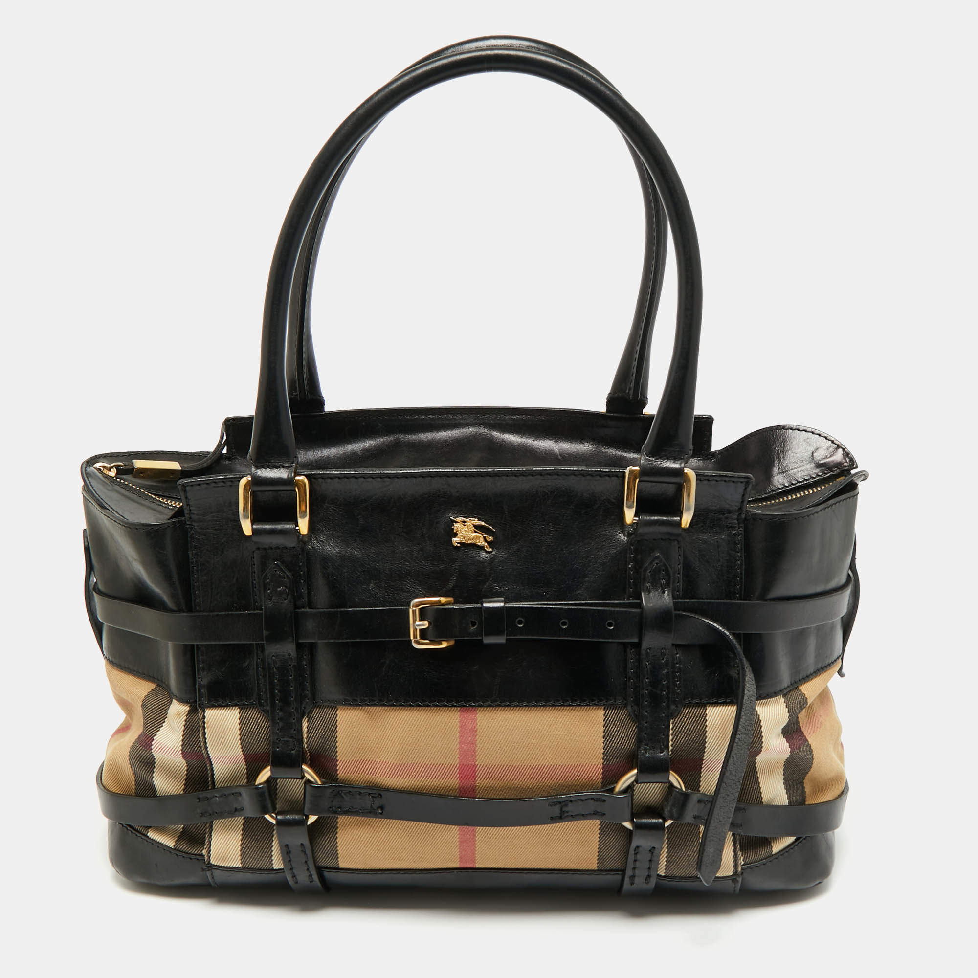 Pre Owned Burberry Black/Beige House Check Canvas and Leather Bridle Kent Tote