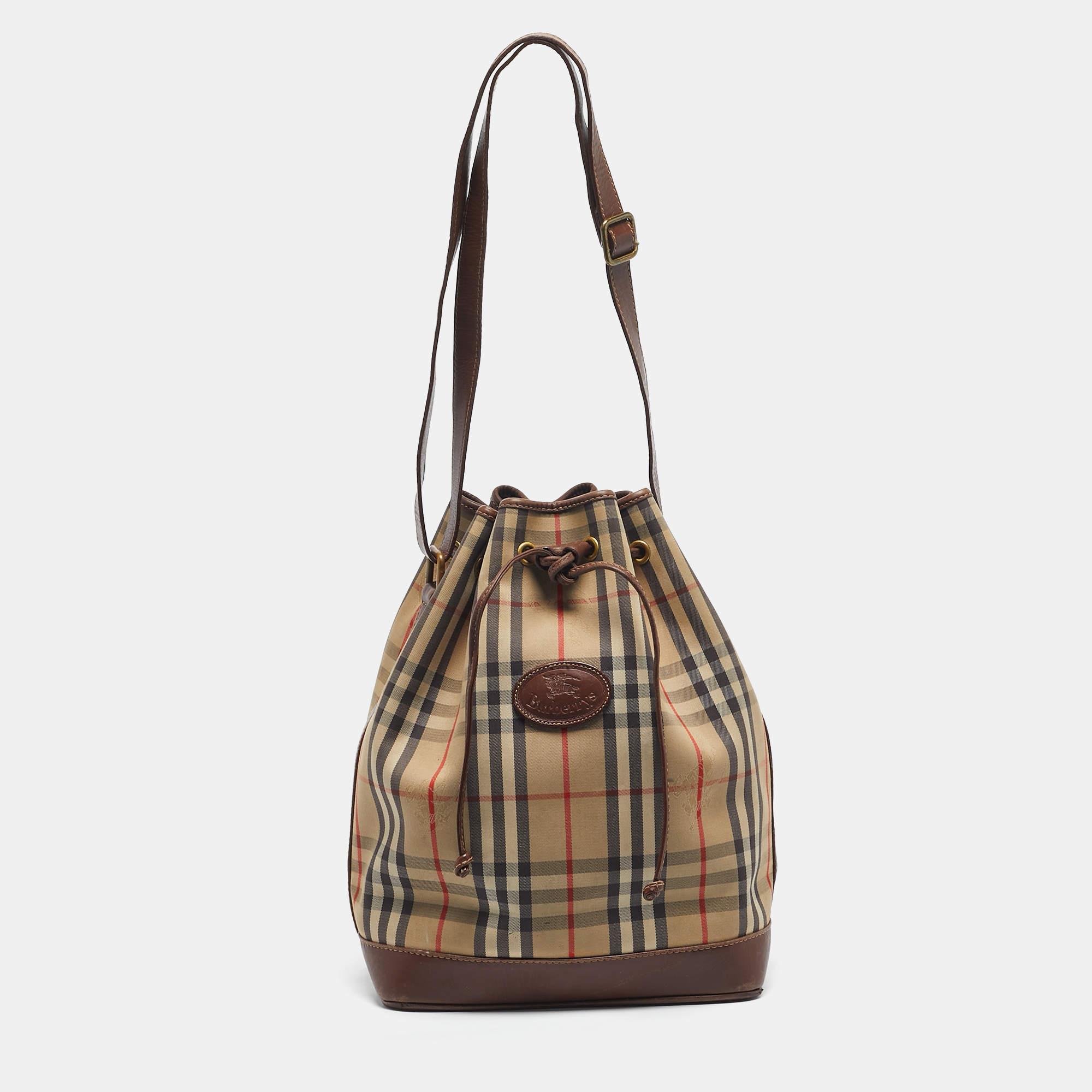 Pre Owned Burberry Brown/Beige Haymarket Fabric and Leather Drawstring Bucket Bag