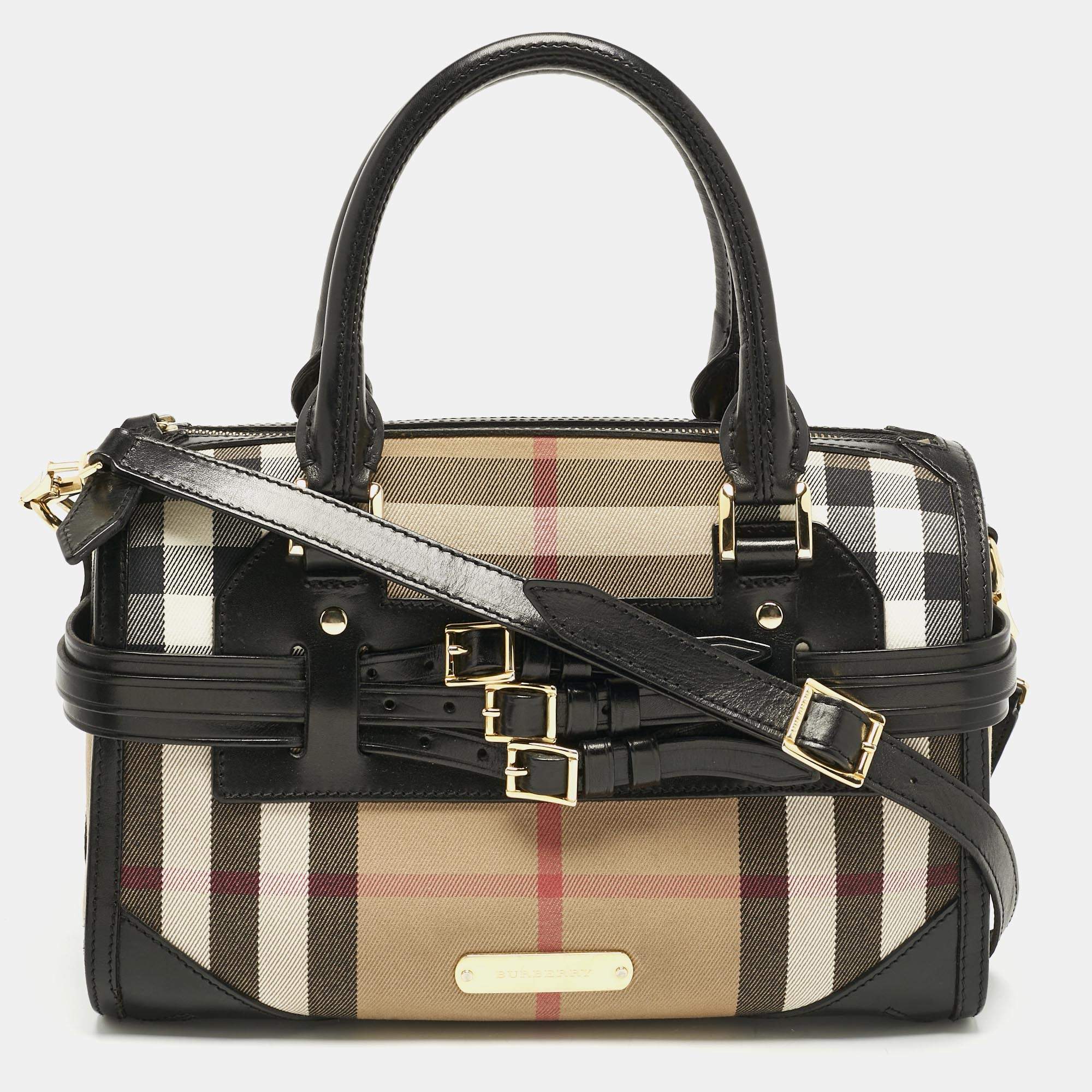 مملوكة مسبقًا حقيبة بولينغ تشيستر بريدل جلد وقماش كاروهاوس بربري أسود / بيج