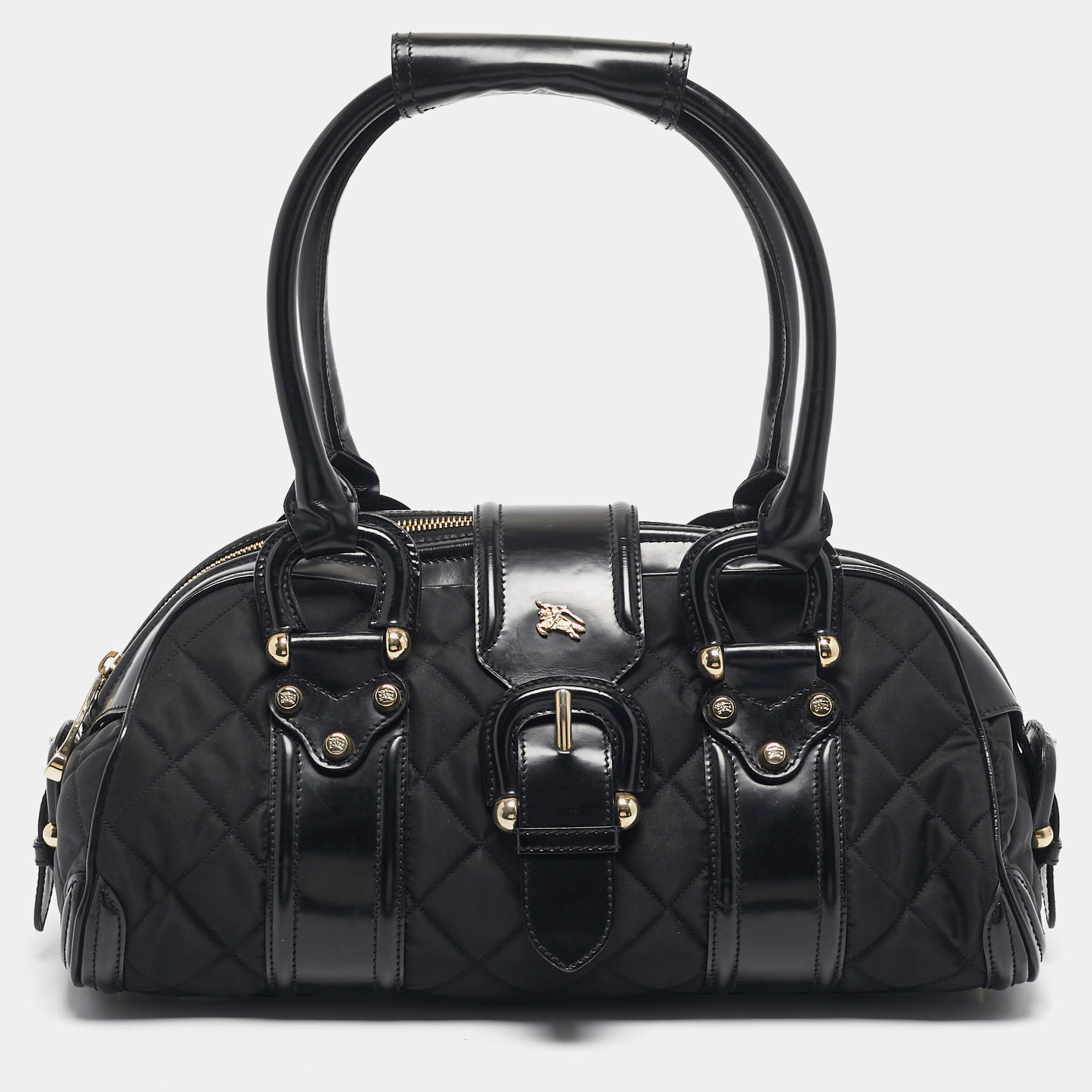 مملوكة مسبقًا Burberry Black Quilted Nylon and Patent Leather Manor Satchel
