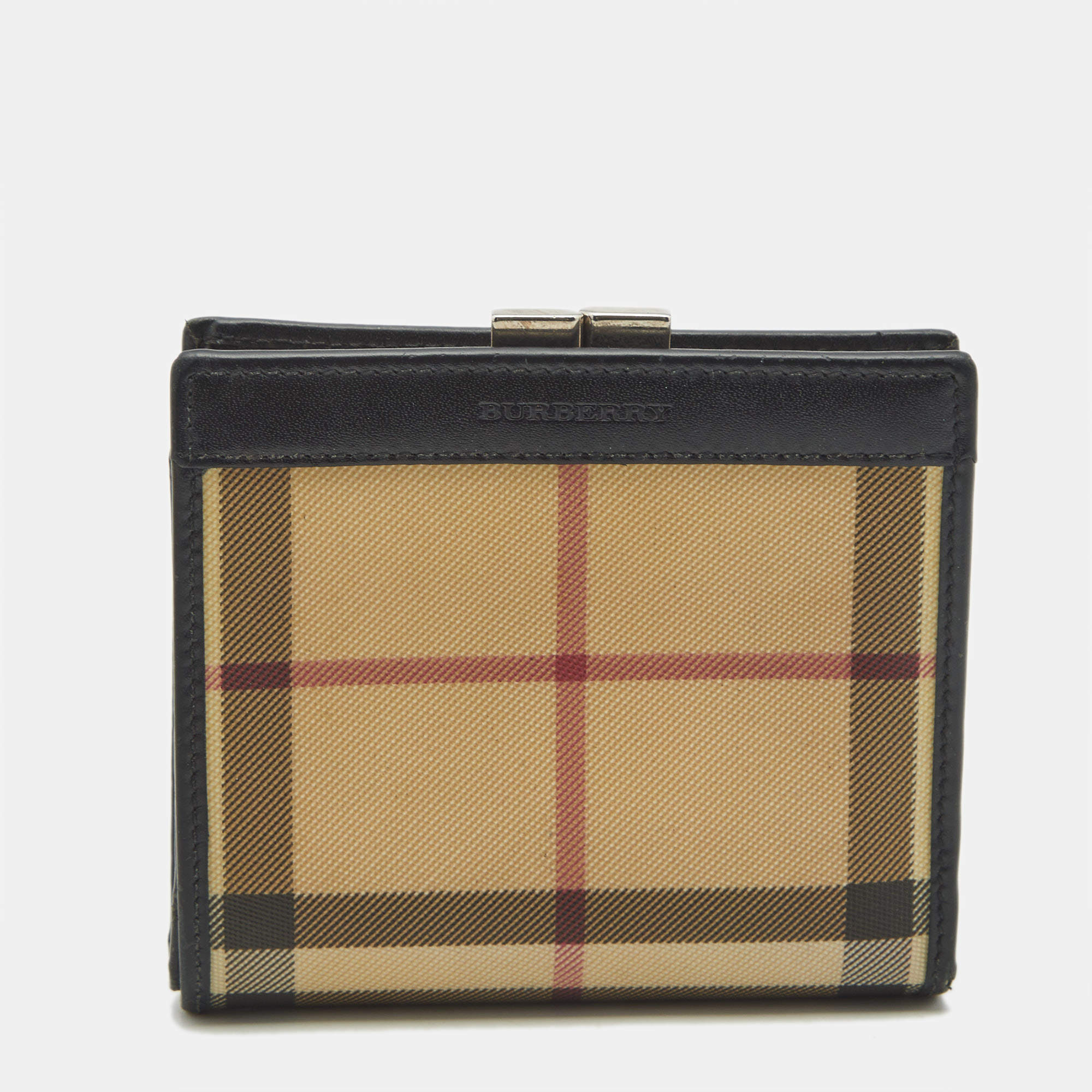 Pre Owned Burberry Beige/Black Housecheck Coated Canvas and Leather Kiss Lock Compact Wallet