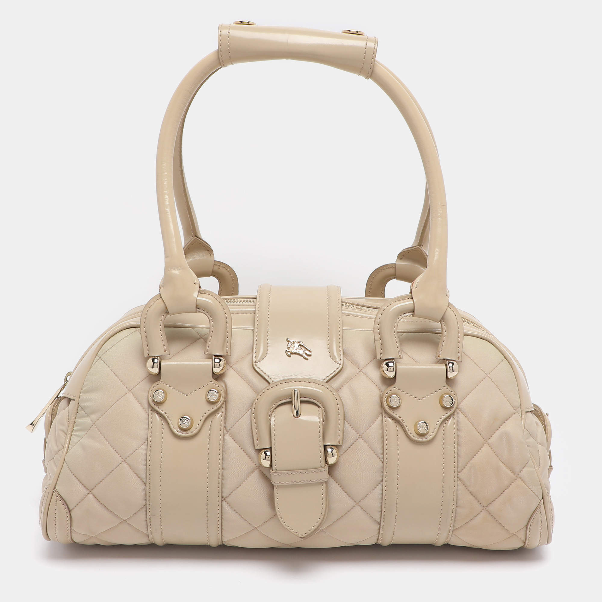Pre Owned Burberry Beige Quilted Nylon and Patent Leather Manor Satchel