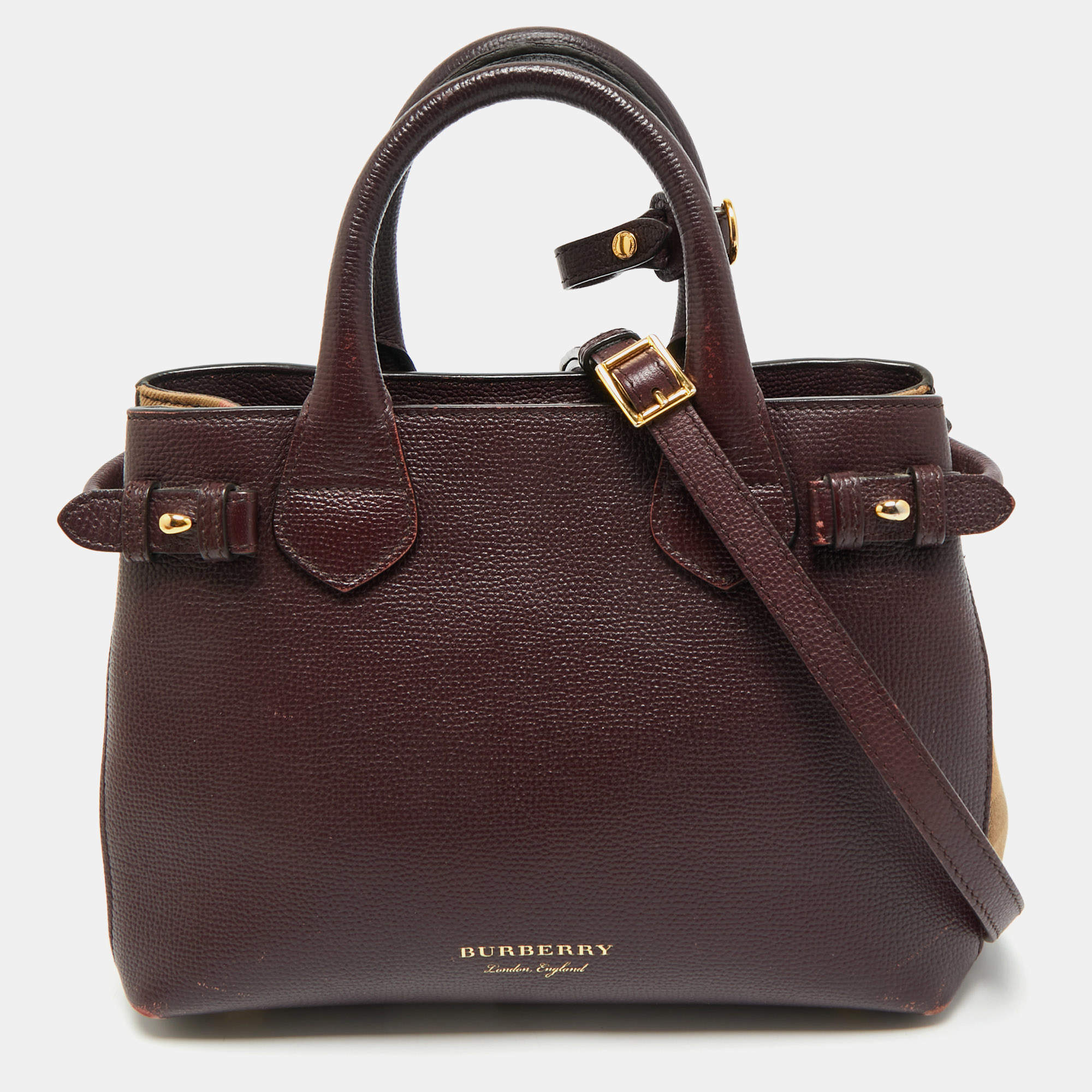 Pre Owned Burberry Burgundy/Beige Leather and House Check Canvas Small Banner Tote