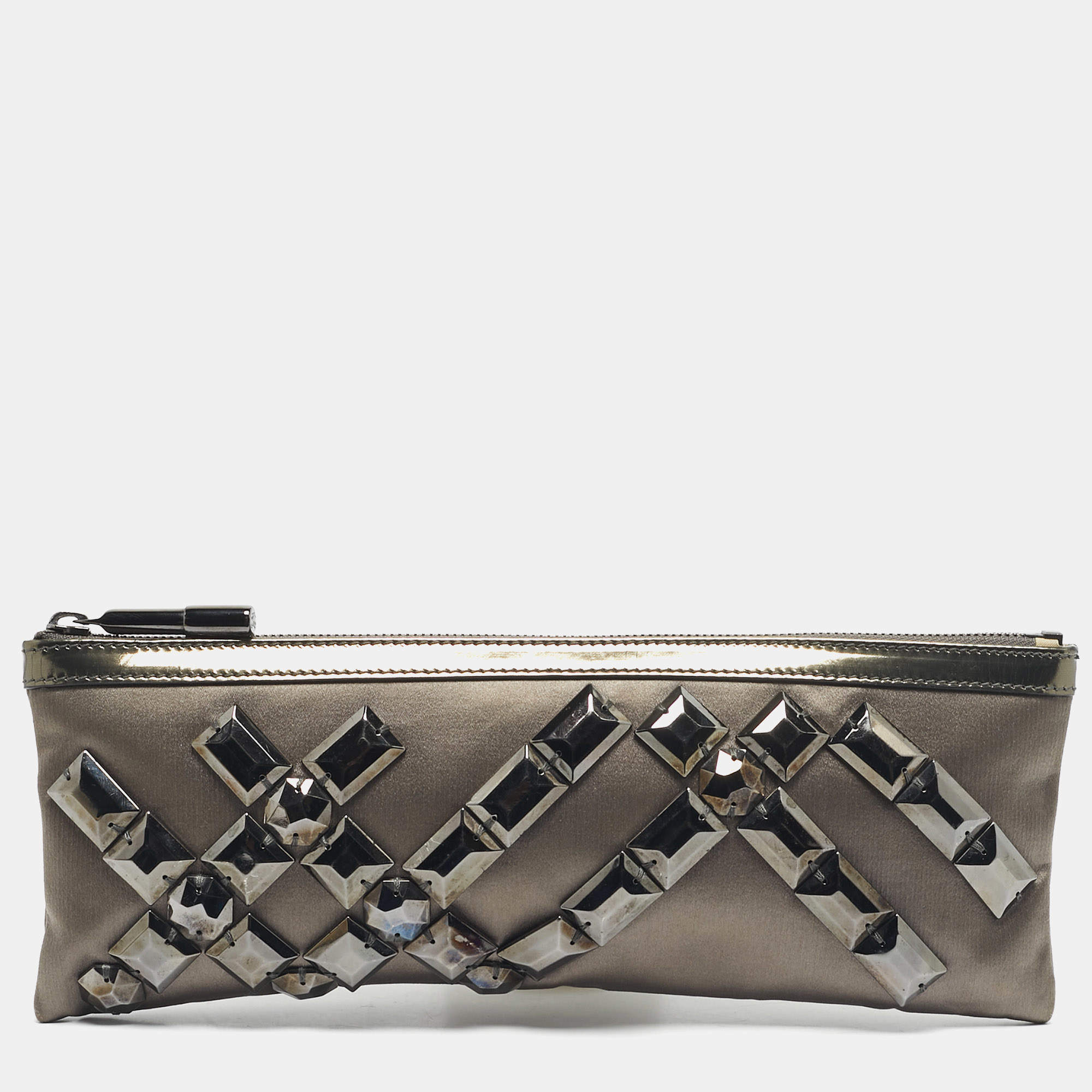 Pre Owned Burberry Dark Grey Satin Crystal Embellished Top Zip Clutch