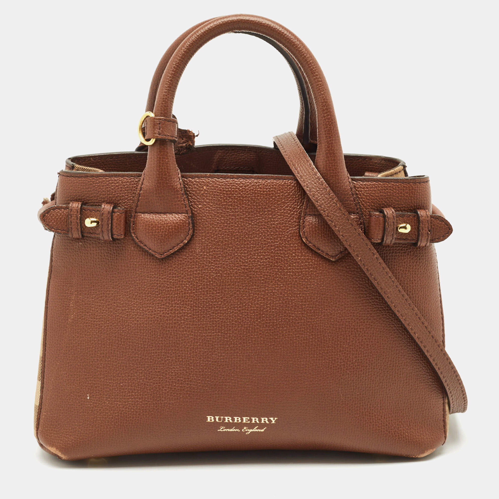 Pre Owned Burberry Brown/Beige House Check Fabric and Leather Small Banner Tote