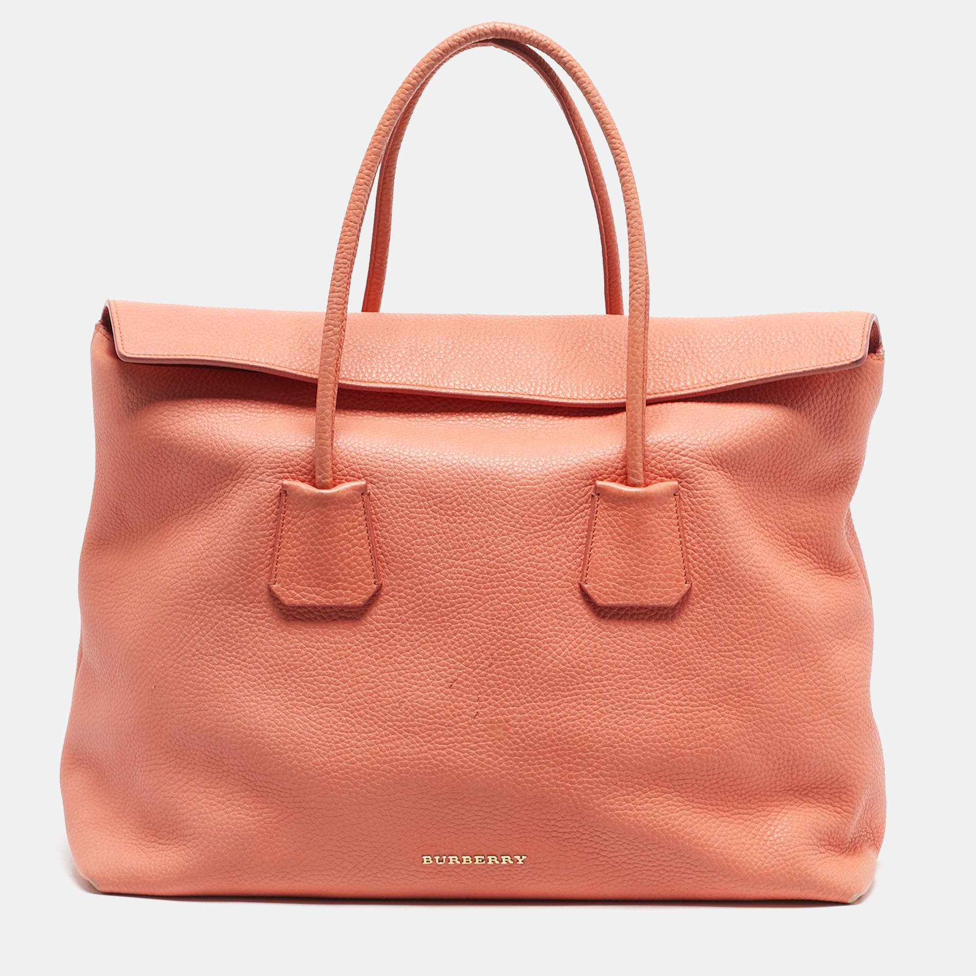 Pre Owned Burberry Peach Grained Leather Baynard Tote