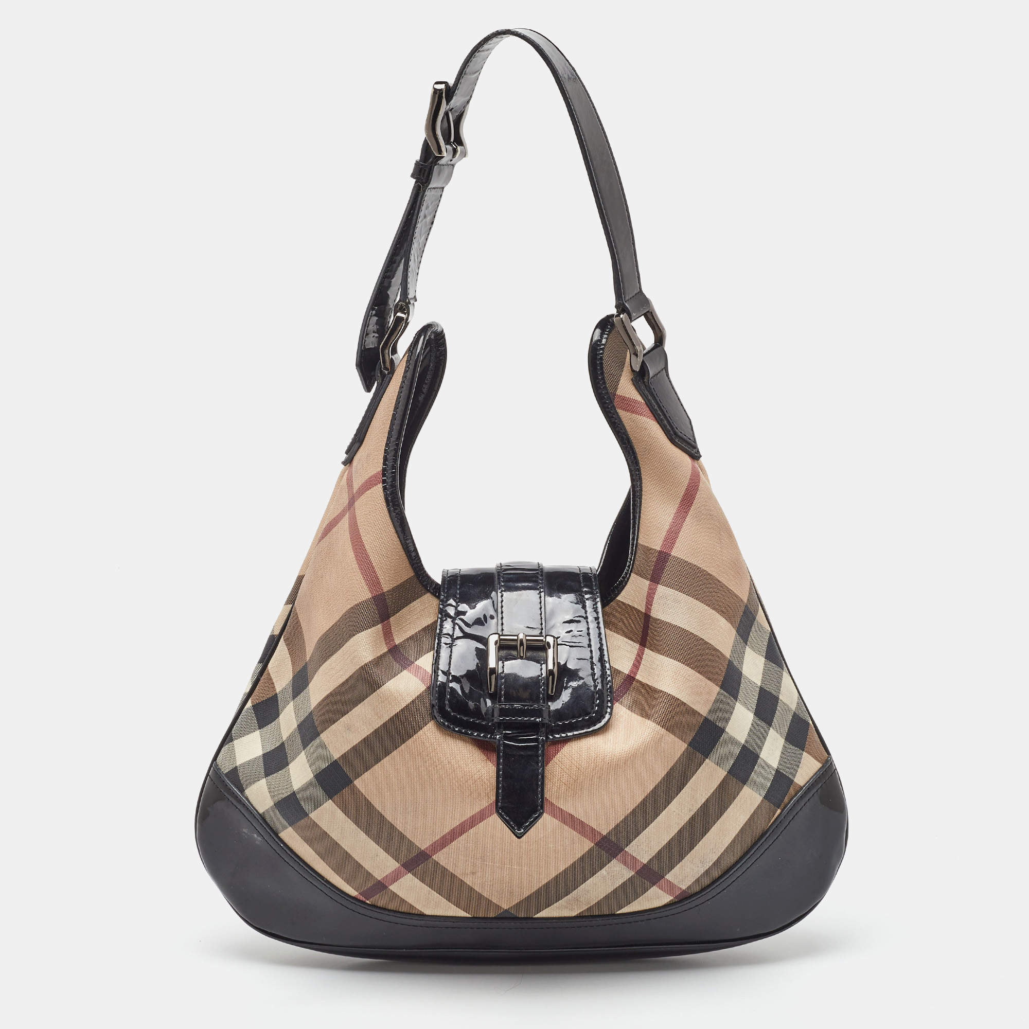 Pre Owned Burberry Beige/Black Nova Check Coated Canvas and Patent Leather Brooke Hobo