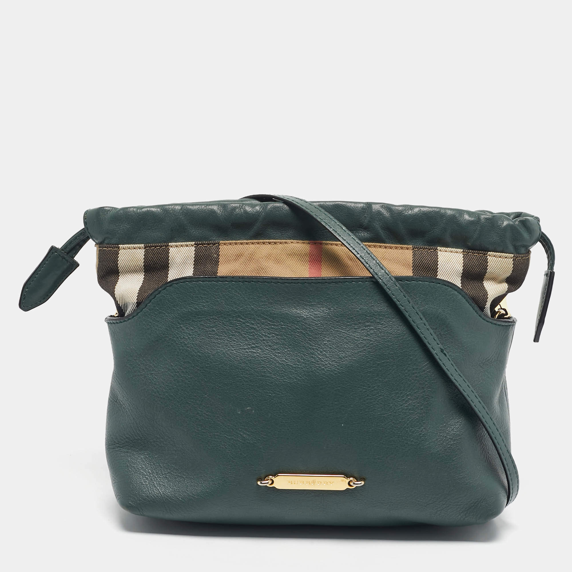 Pre Owned Burberry Green/Beige Leather and House Check Fabric Little Crush Crossbody Bag