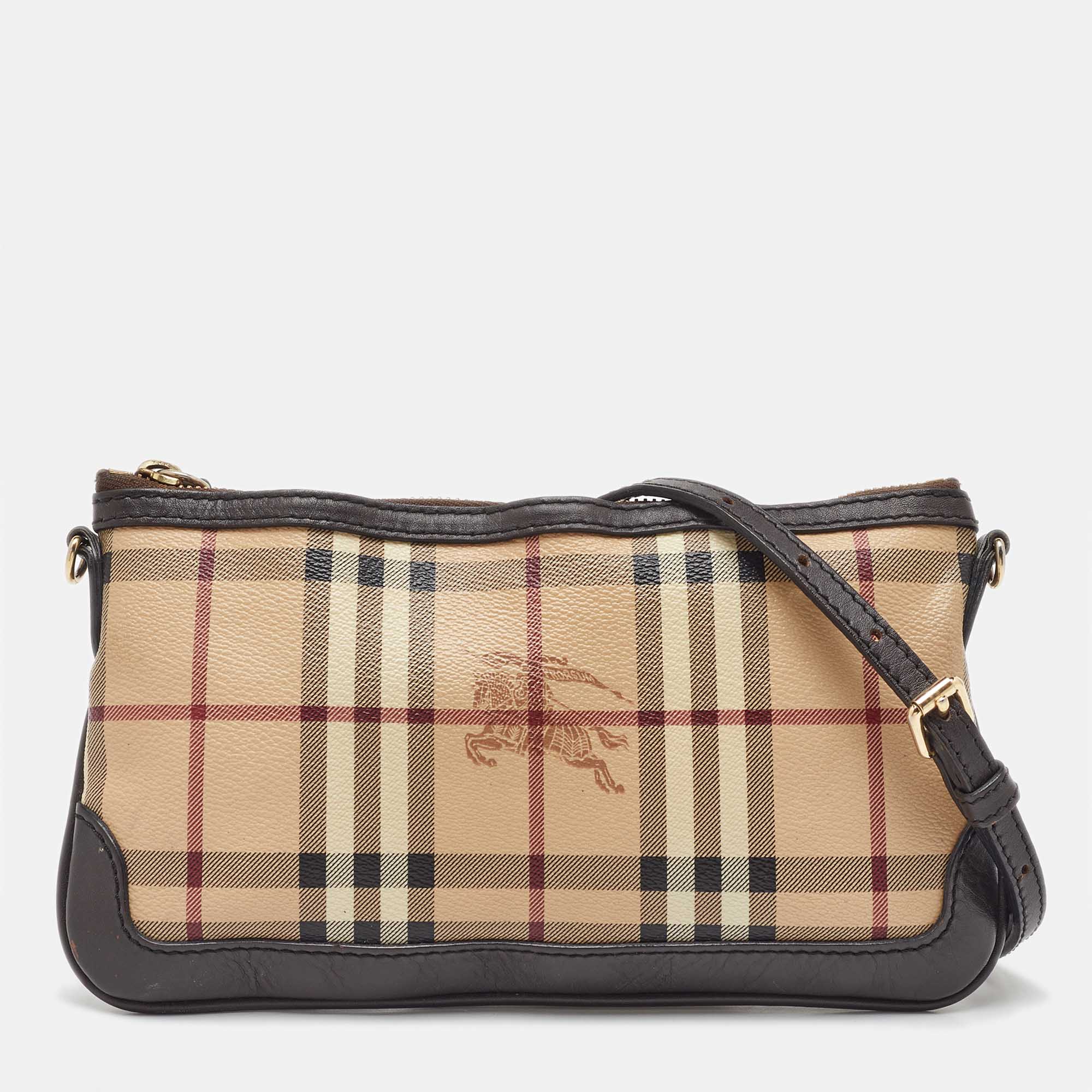 Pre Owned Burberry Beige/Brown Haymarket Check Coated Canvas Peyton Crossbody Bag