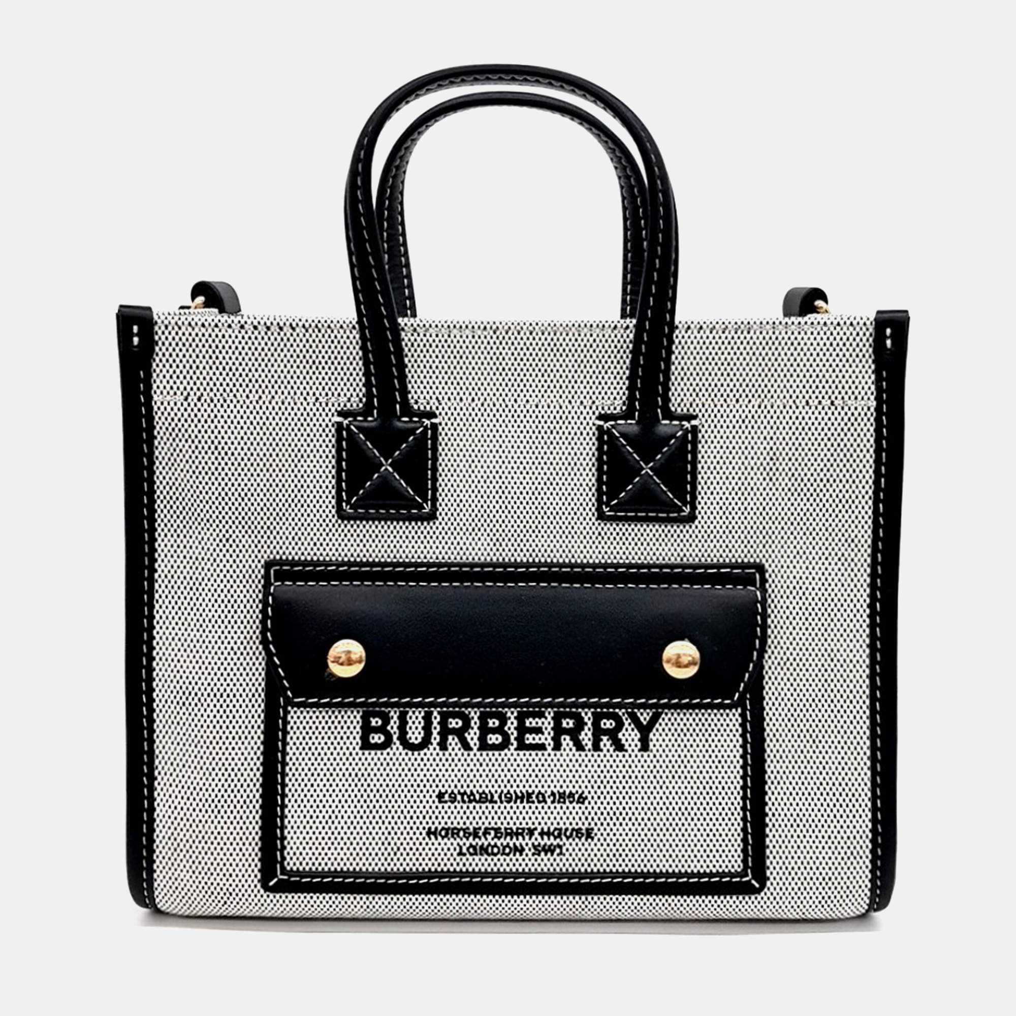 Pre Owned Burberry Black White Canvas and Leather Freya Mini Tote Bag