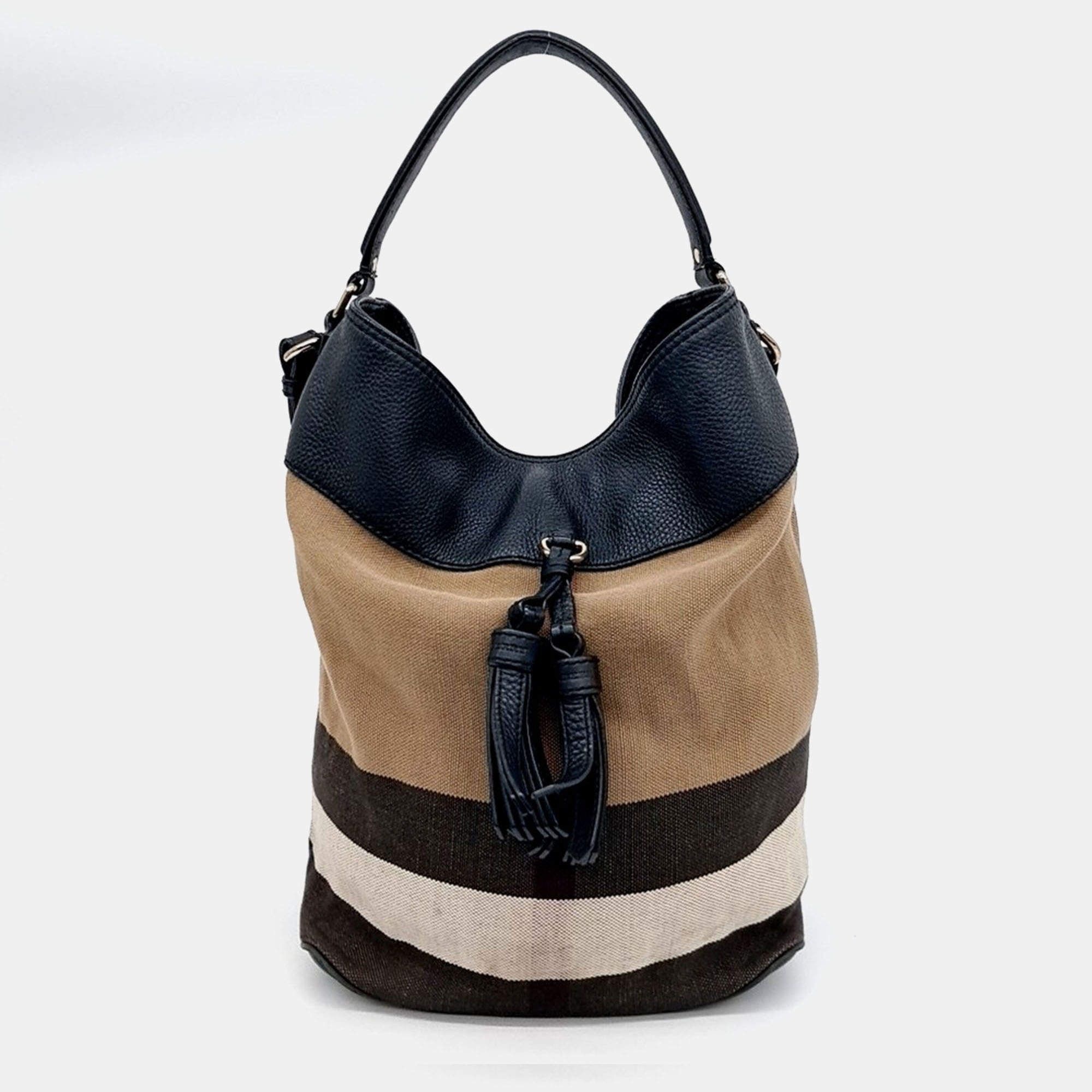 Pre Owned Burberry Beige Black Fabric Tassel Susanna Hobo Bag