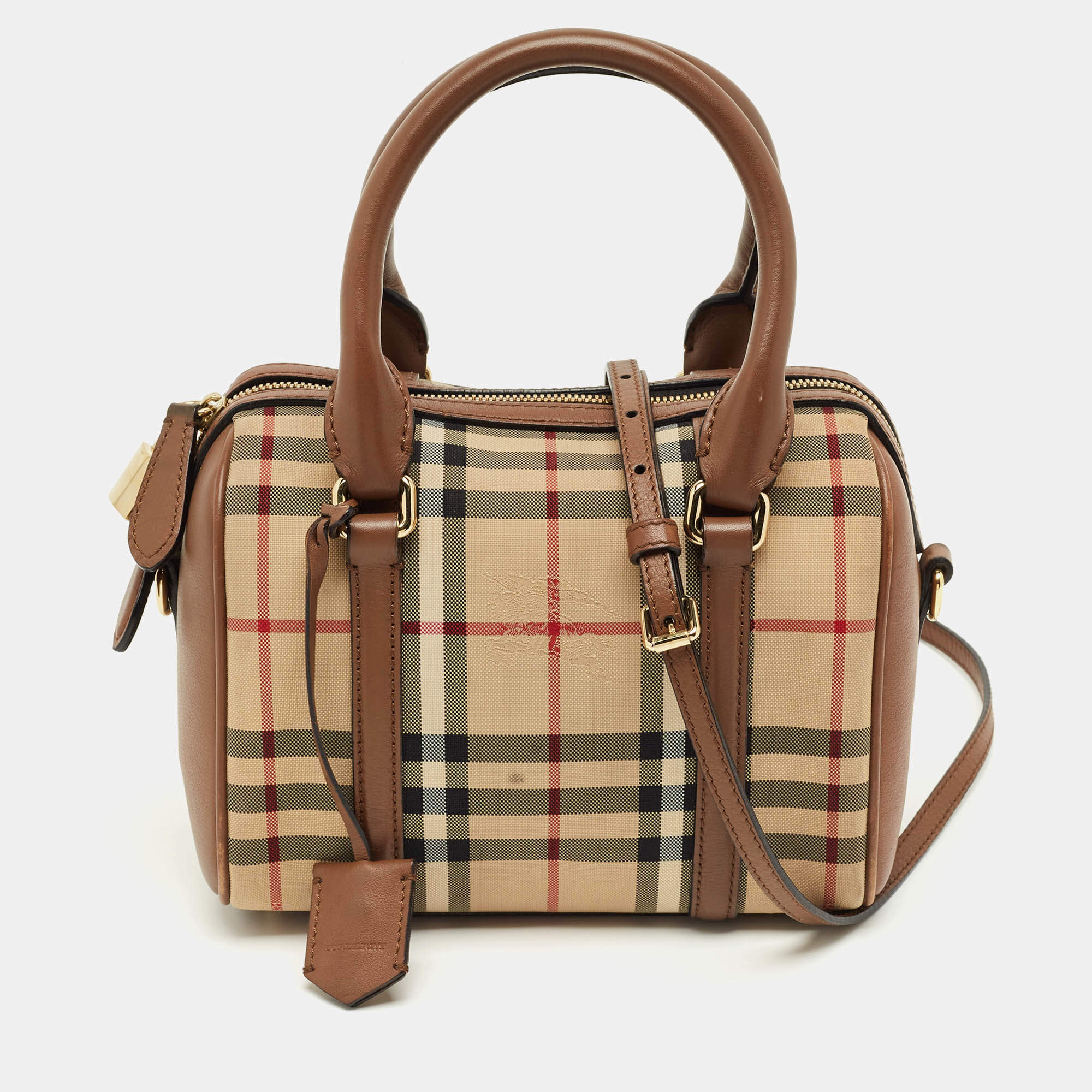 Pre Owned Burberry Beige/Brown Haymarket Fabric and Leather Mini Bowler Bag