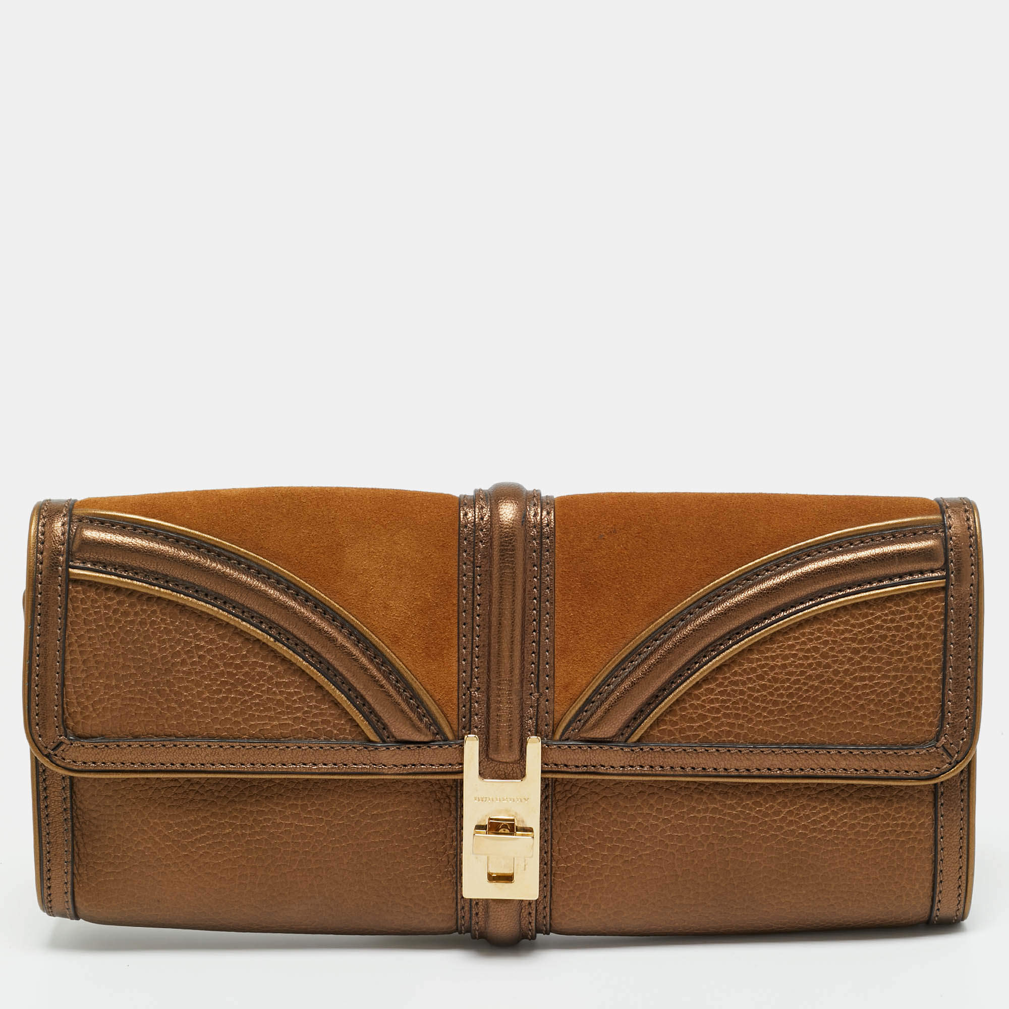 Pre Owned Burberry Brown/Bronze Leather and Suede Turnlock Flap Clutch 