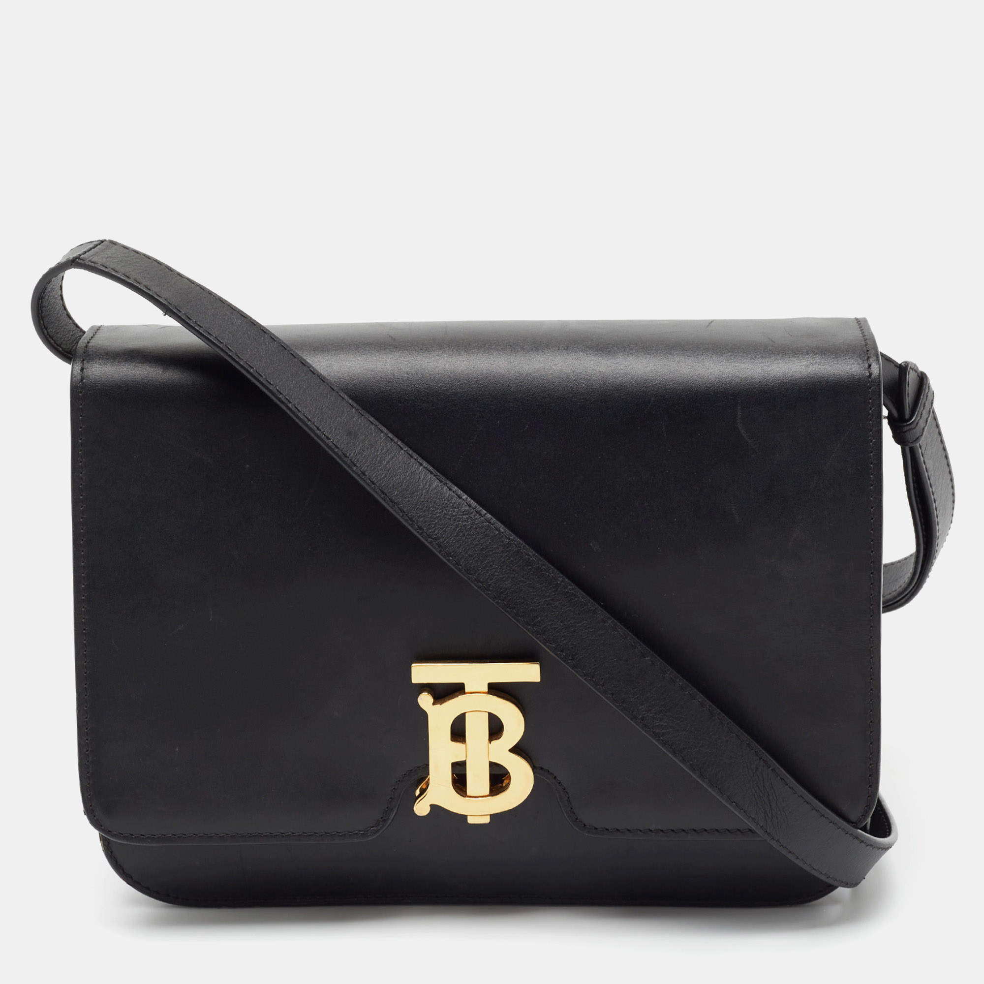 Pre Owned Burberry Black Leather Medium TB Shoulder Bag