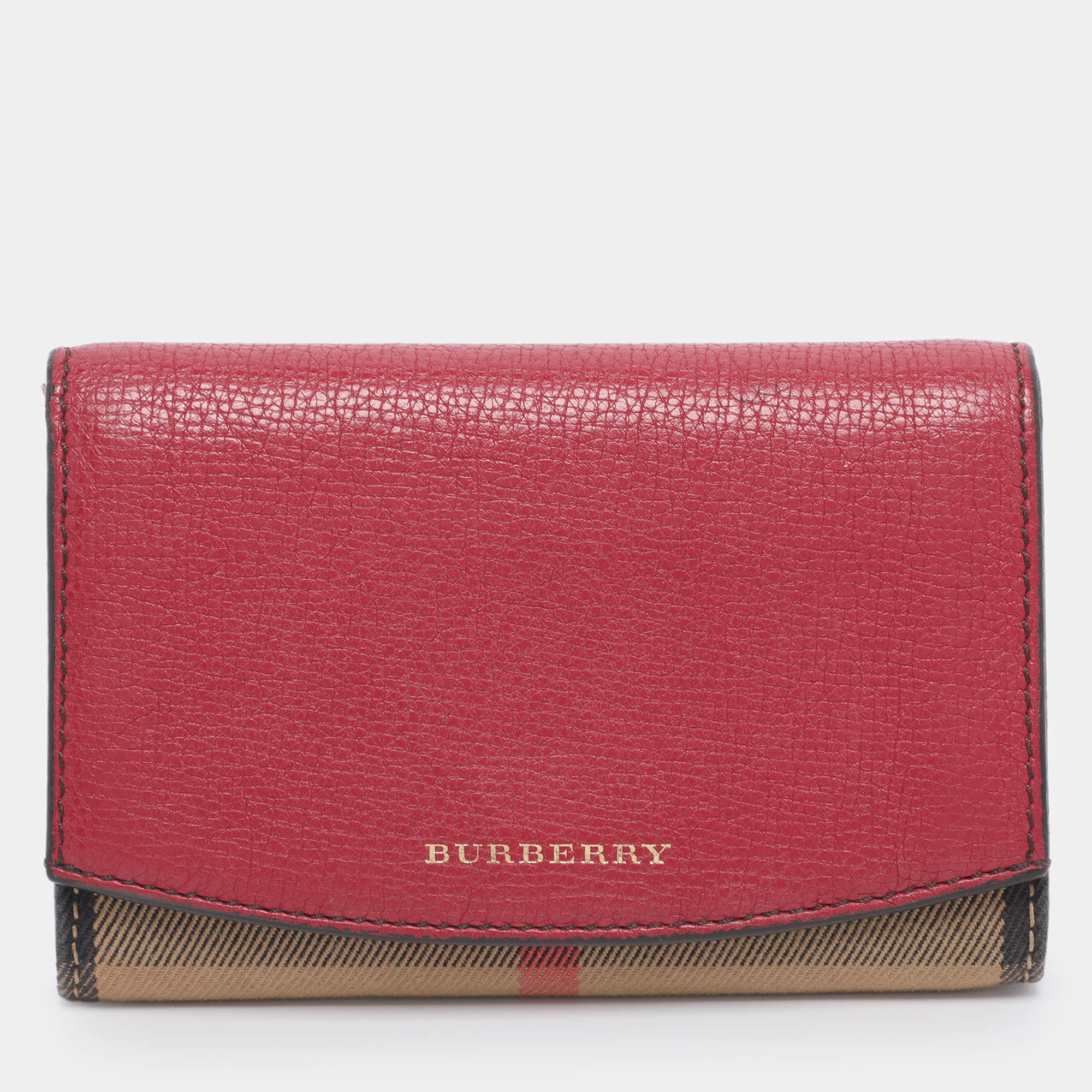 Pre Owned Burberry Beige/Red House Check Fabric and Leather Flap Wallet