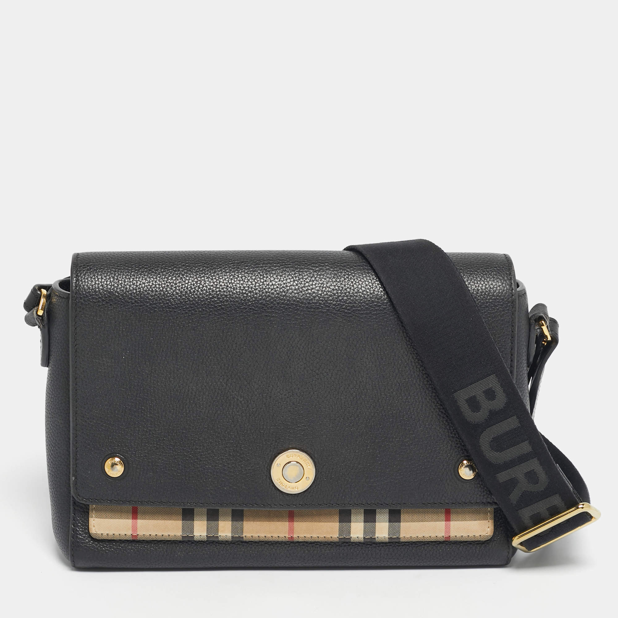 Pre Owned Burberry Black/Beige House Check Fabric and Leather Note Shoulder Bag