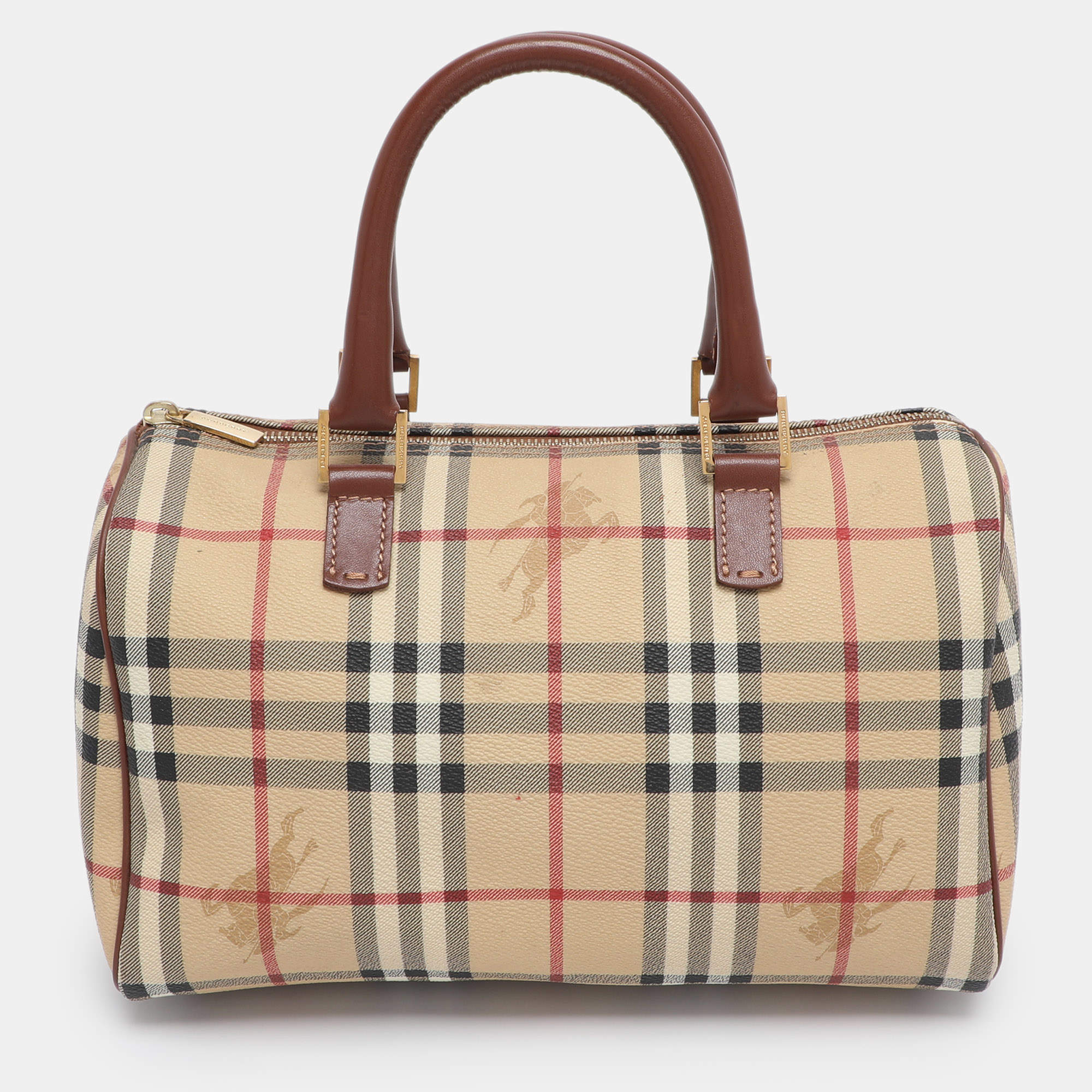 Pre Owned Burberry Beige/Brown Haymarket Check PVC and Leather Chester Boston Bag