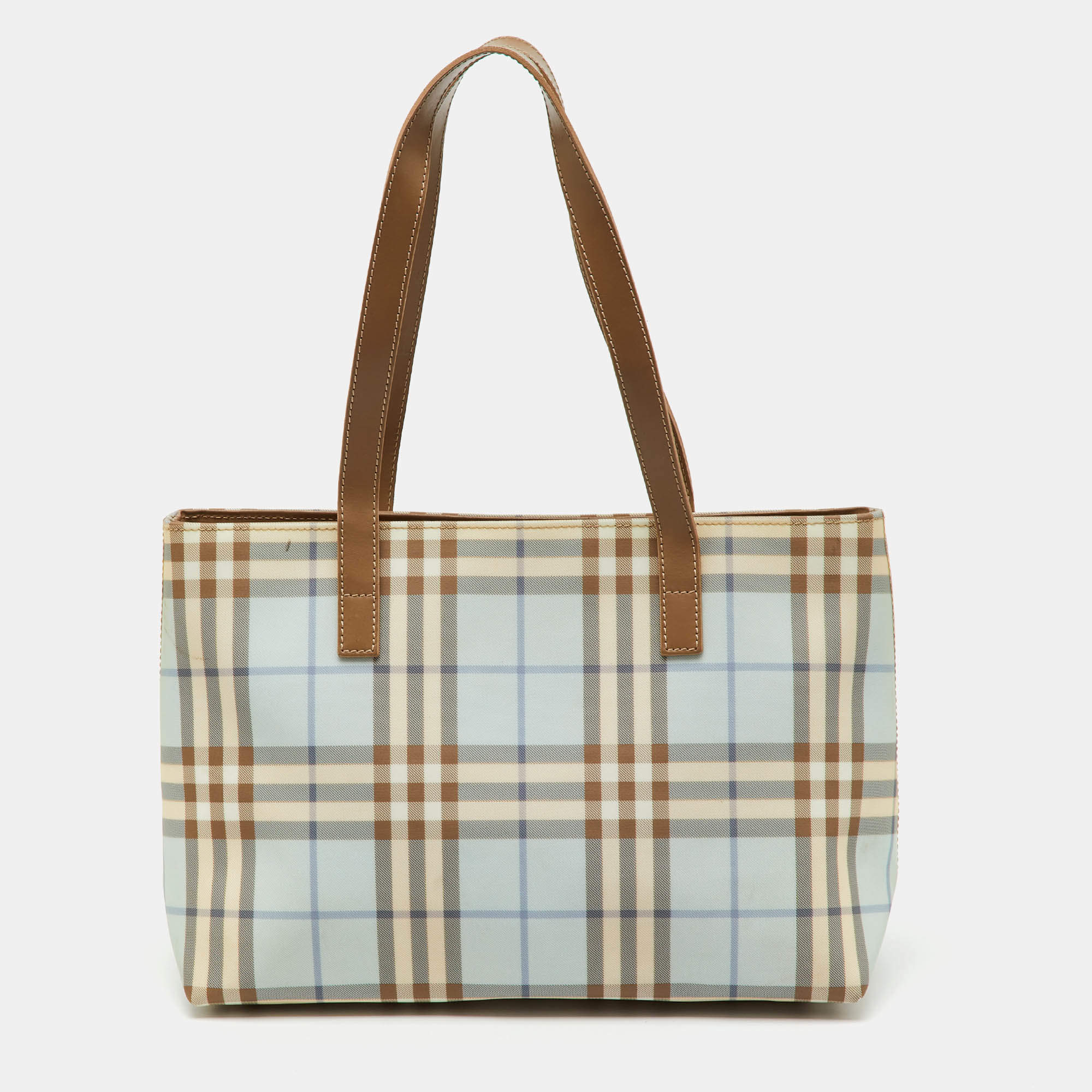 Pre Owned Burberry Light Blue/Brown Nova Check PVC and Leather Zip Tote