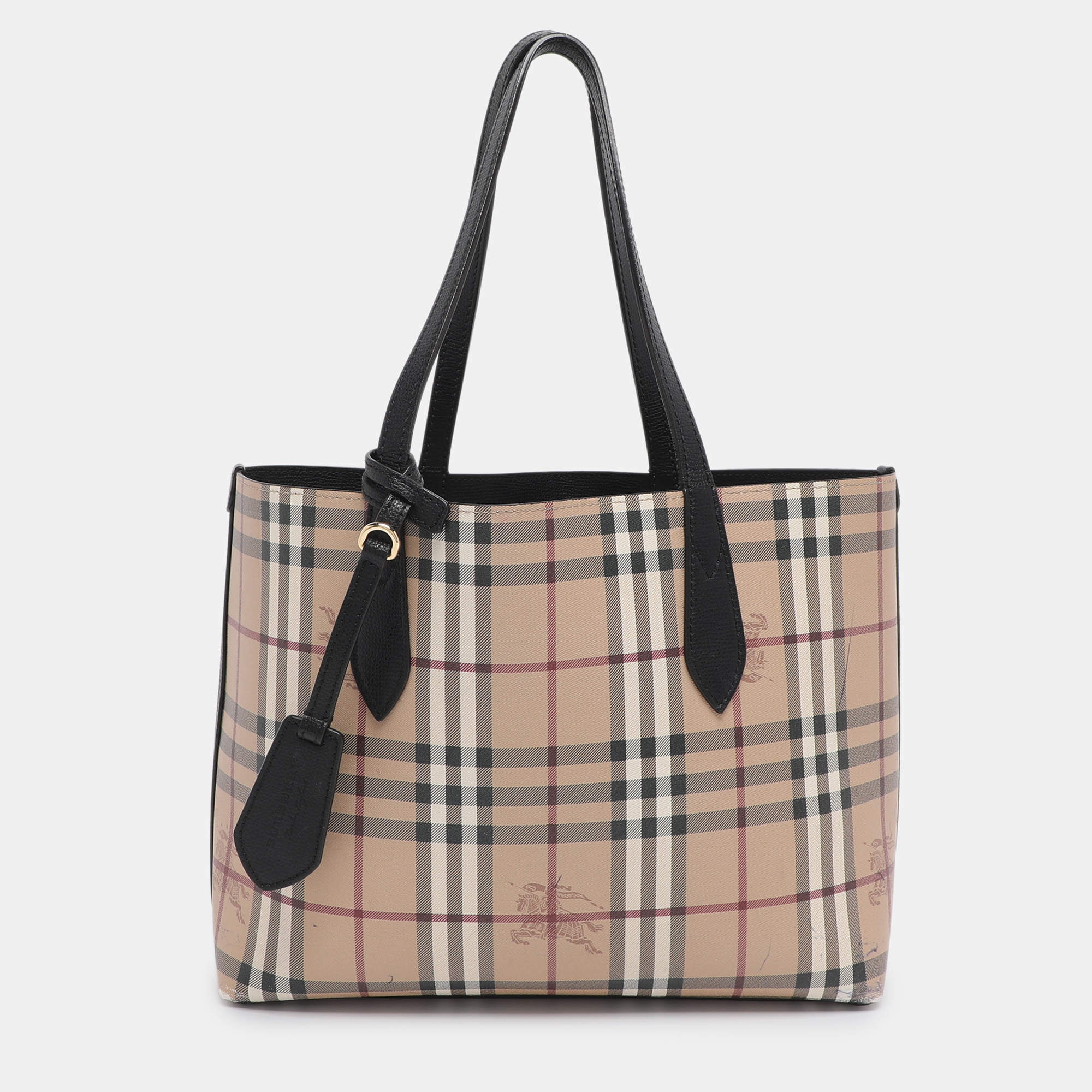 Pre Owned Burberry Beige/Black Haymarket Check PVC and Leather Lavenby Reversible Tote
