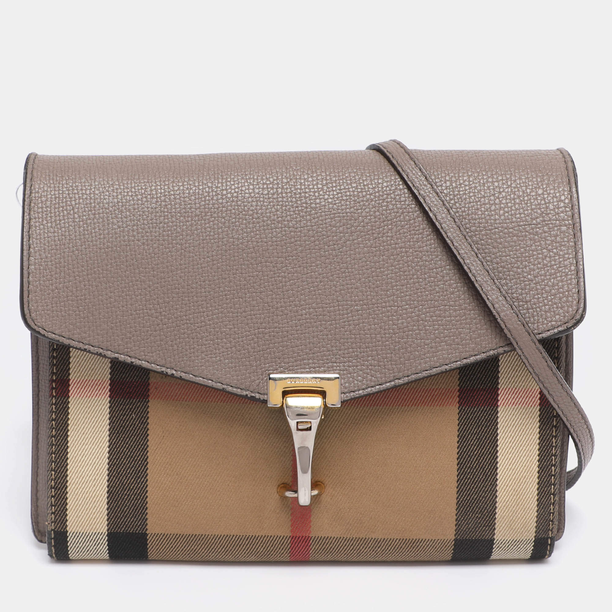 Pre Owned Burberry Taupe House Check Canvas and Leather Small Macken Crossbody Bag