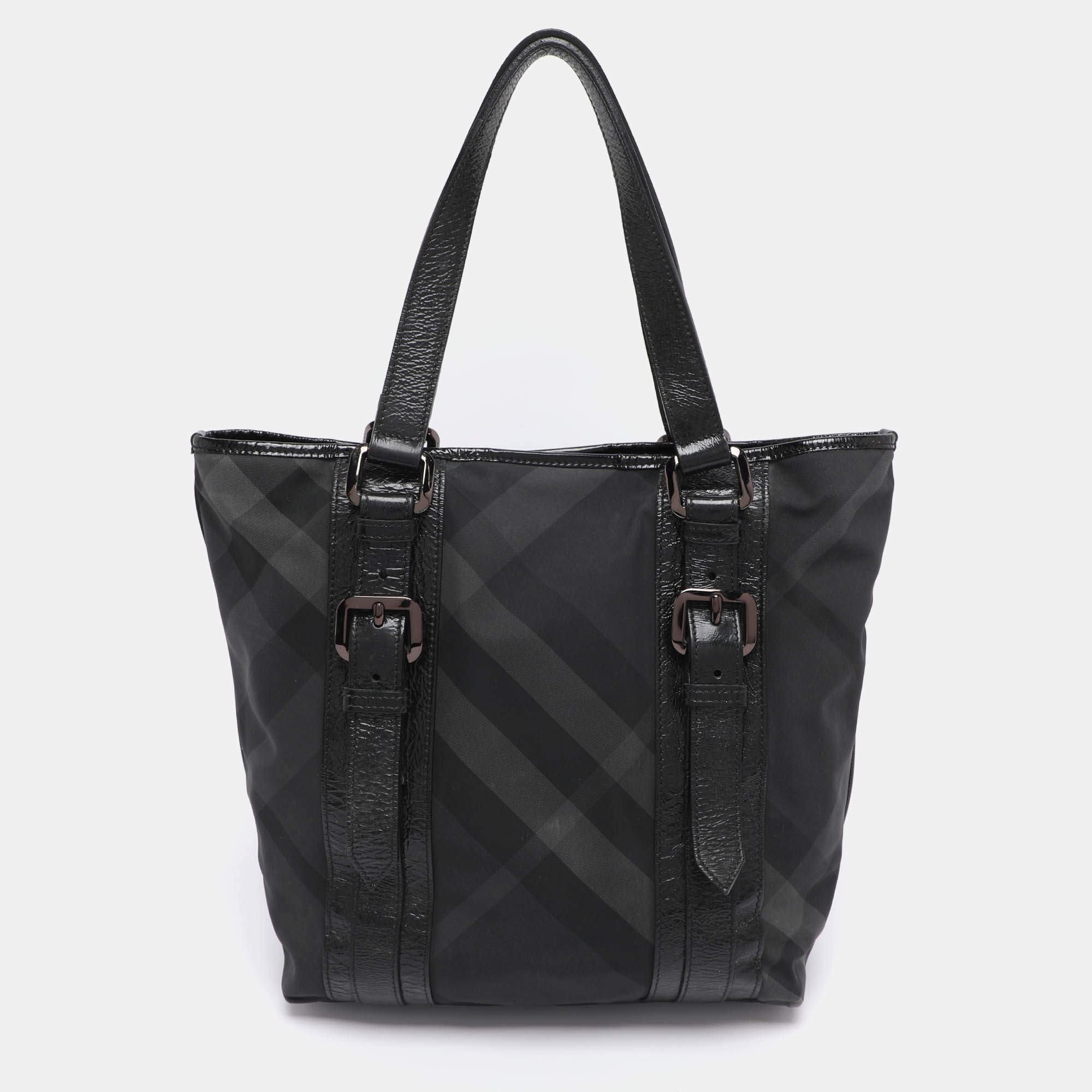 Pre Owned Burberry Black Nova Check Nylon And Patent Leather Small Lowry Tote