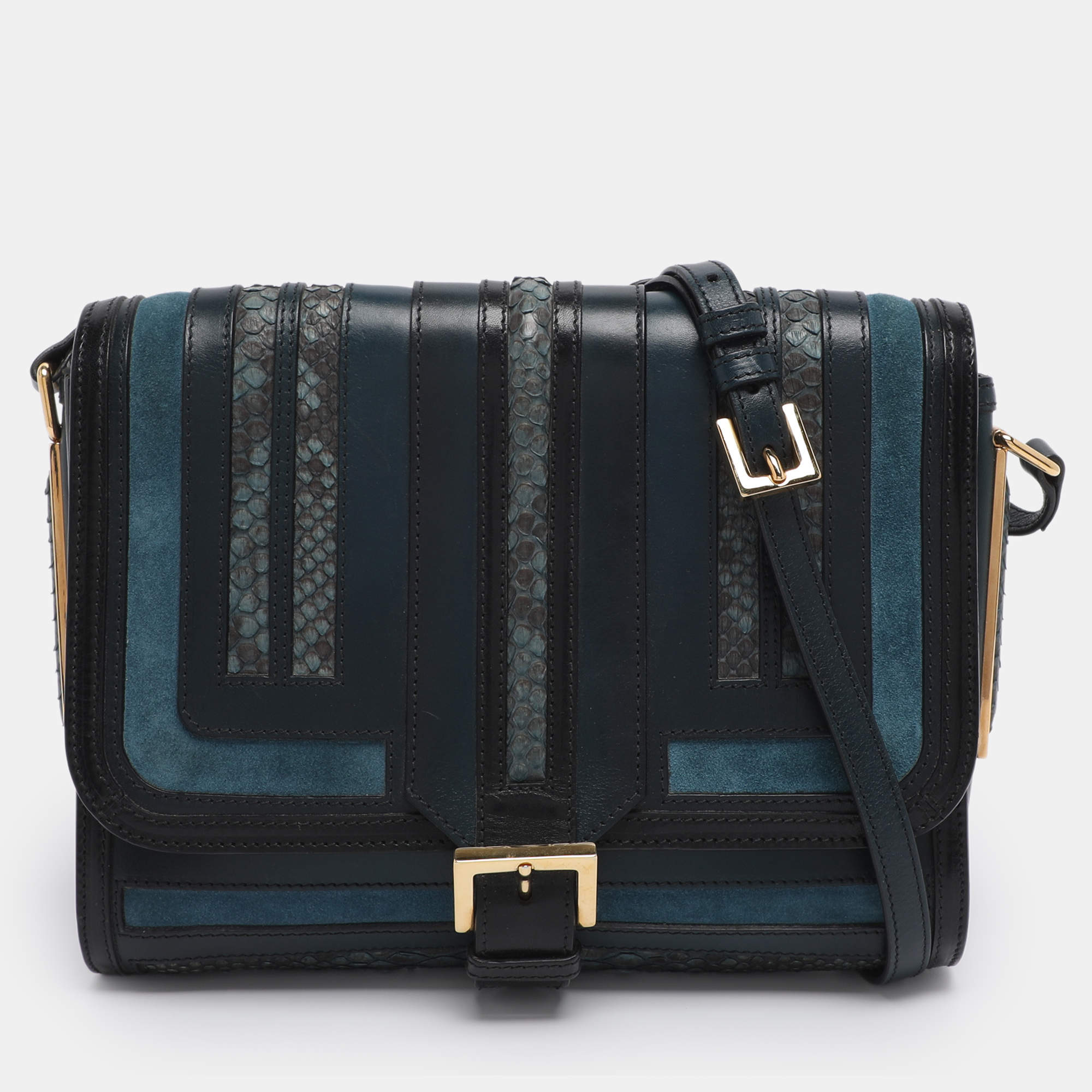 Pre Owned Burberry Blue/Black Leather and Python Crossbody Bag