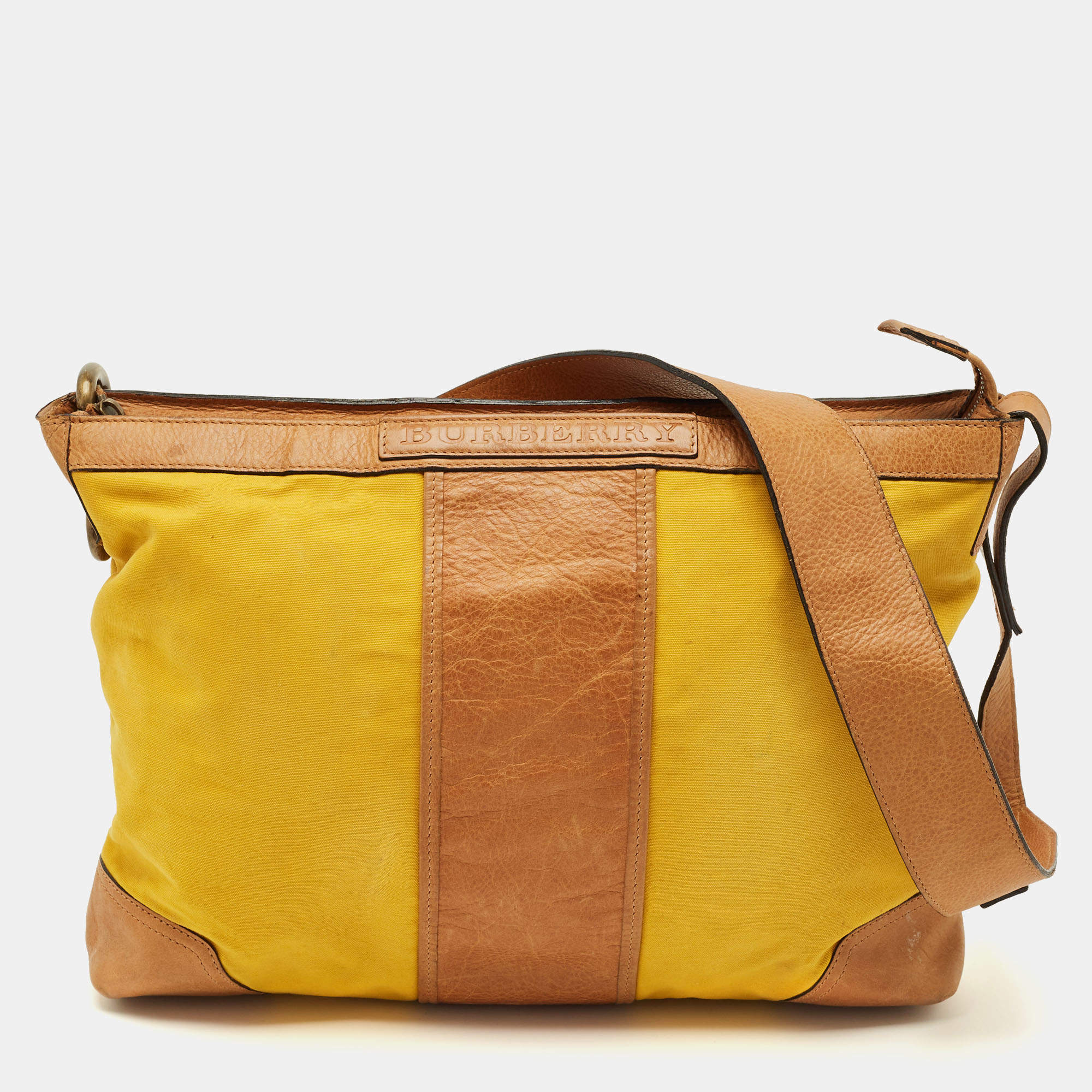 Pre Owned Burberry Yellow/Brown Canvas and Leather Shoulder Bag