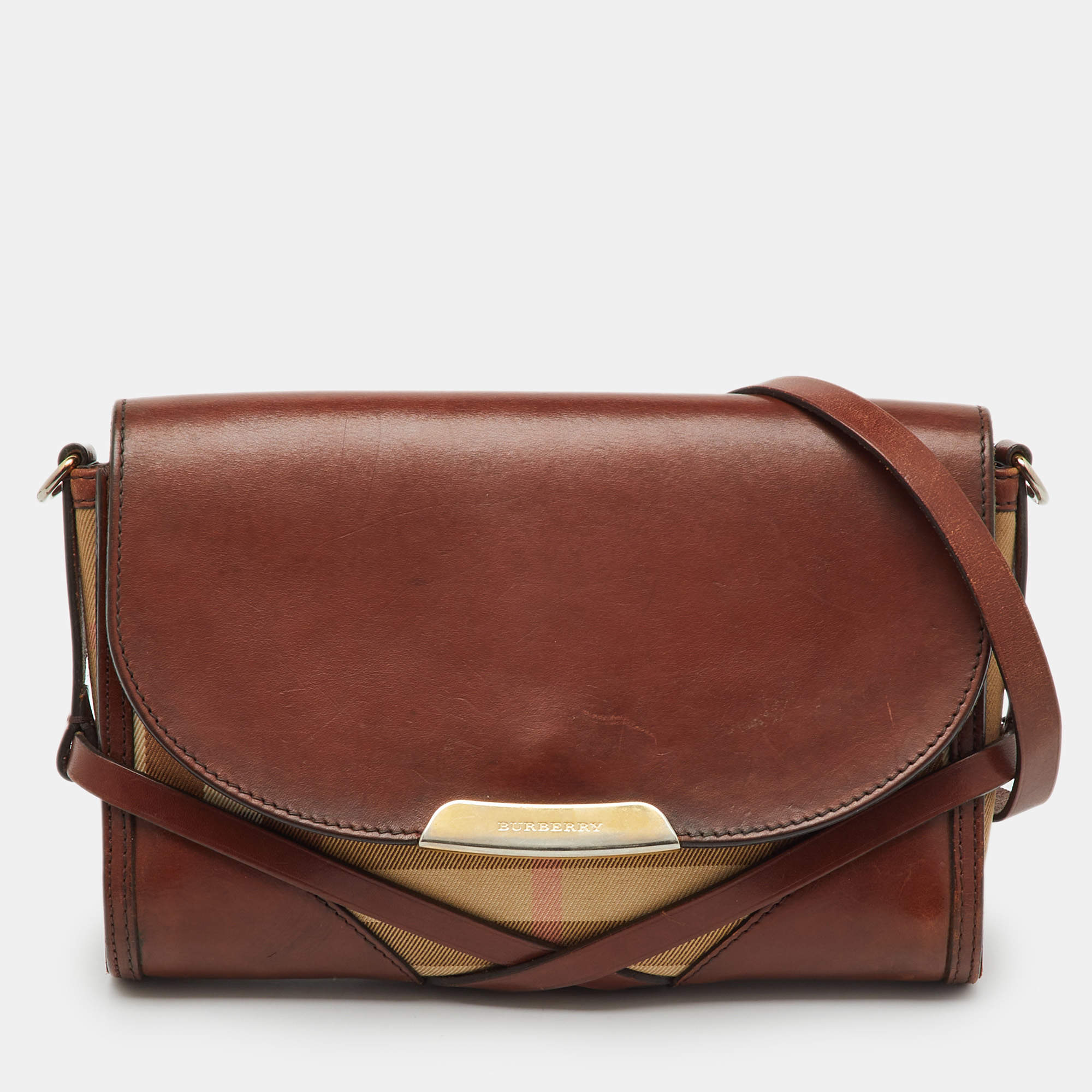 Pre Owned Burberry Brown/Beige Leather and Nova Check Canvas Abbott Crossbody Bag