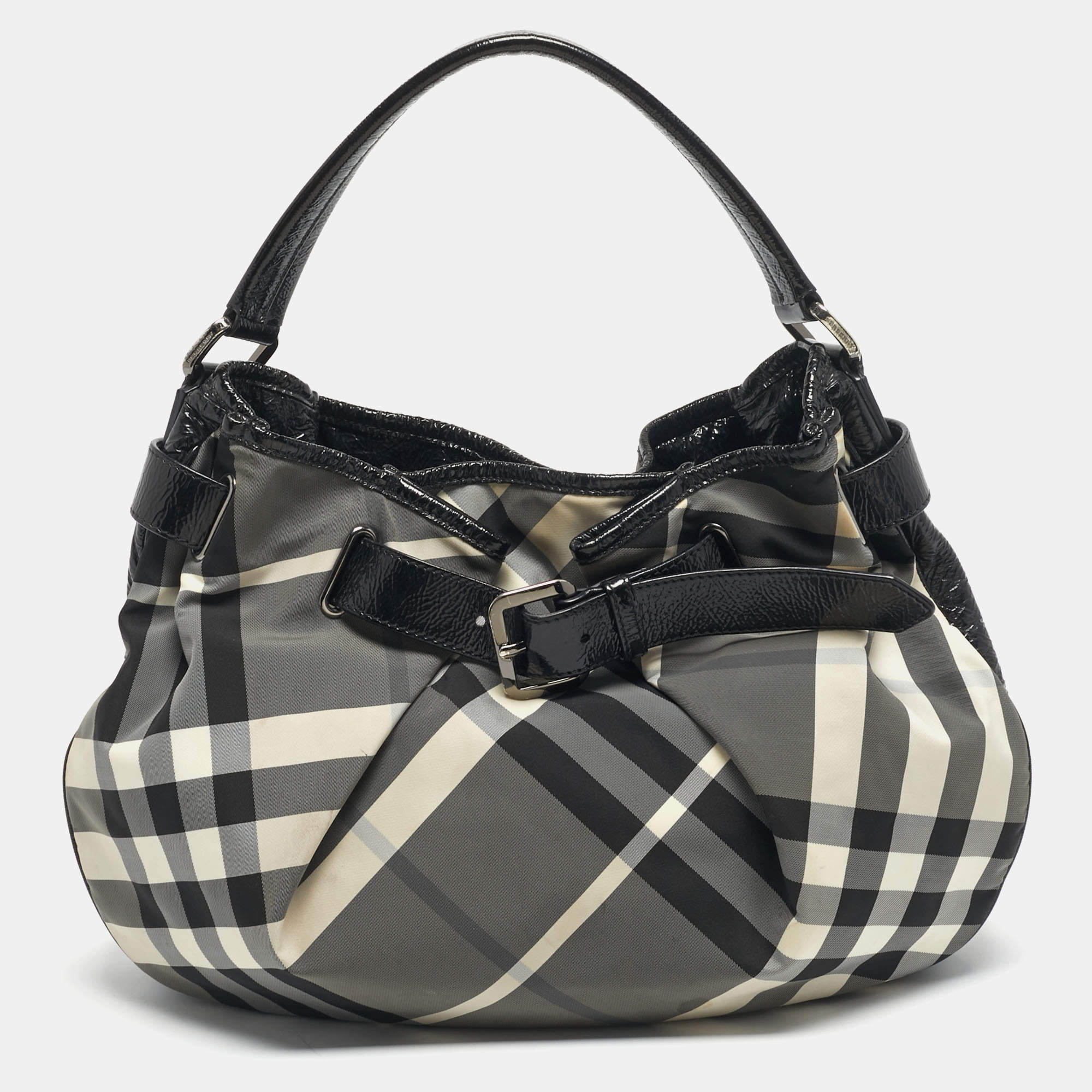 Pre Owned Burberry Black Smoked Check Nylon and Patent Leather Hobo
