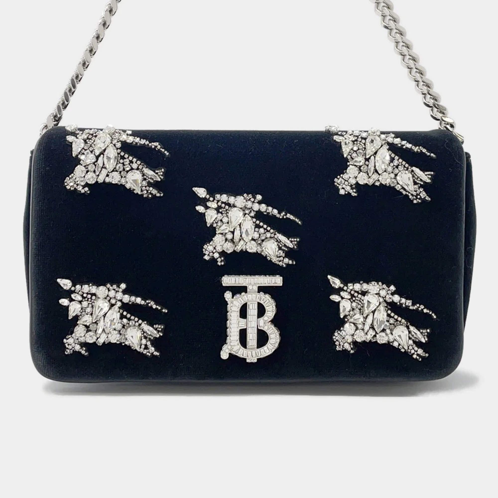 Pre Owned Burberry Lola Bag TB Logo Crystal Bag Black Velvet Rhinestone