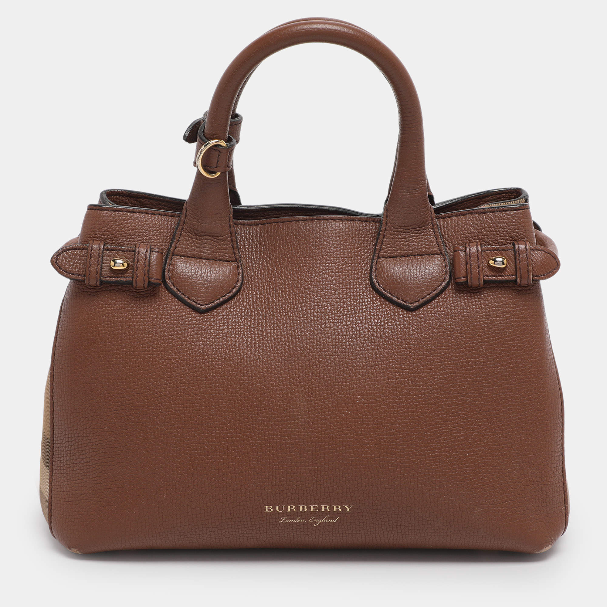 Pre Owned Burberry Brown/Beige House Check Fabric and Leather Small Banner Tote