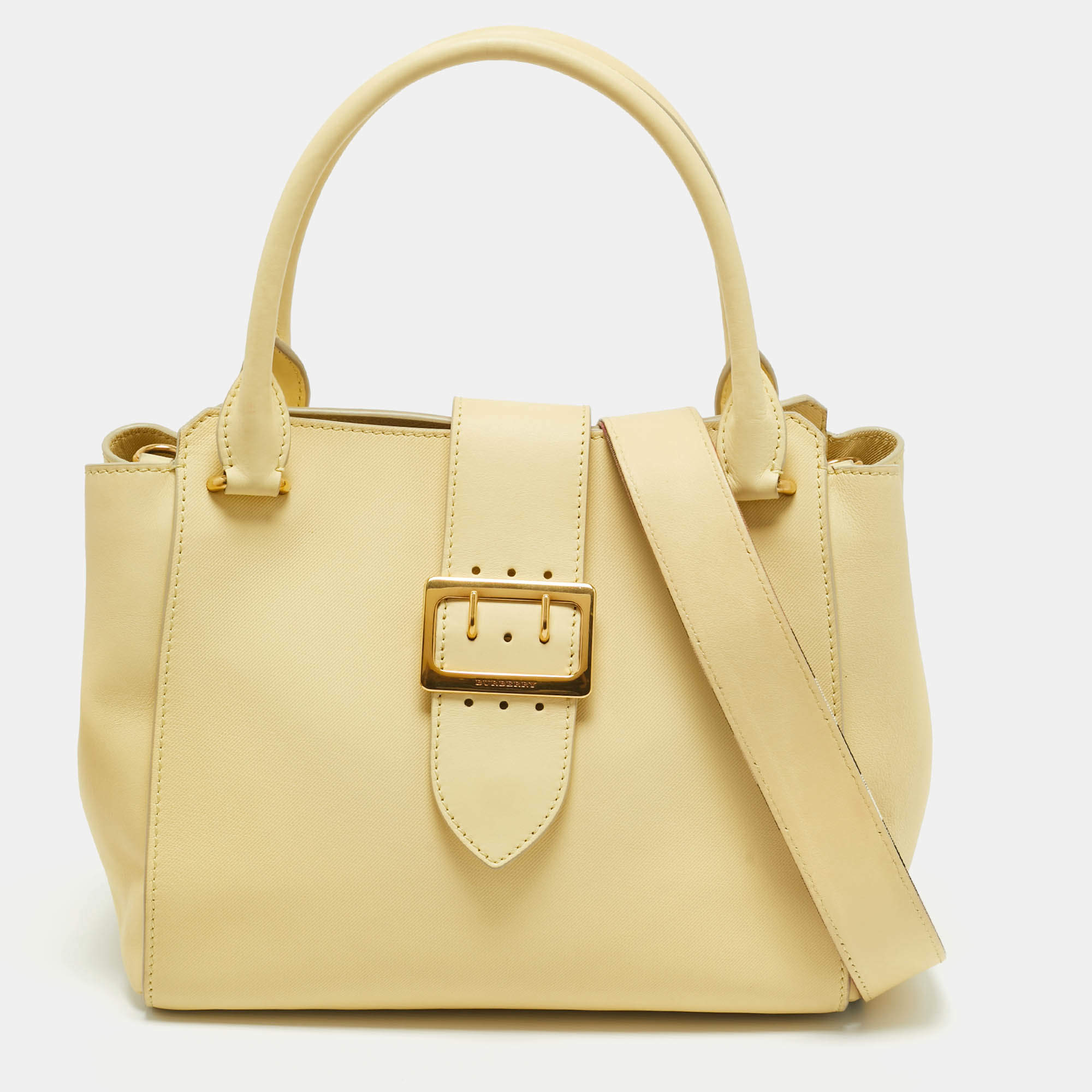 Pre Owned Burberry Light Yellow Leather Medium Buckle Tote