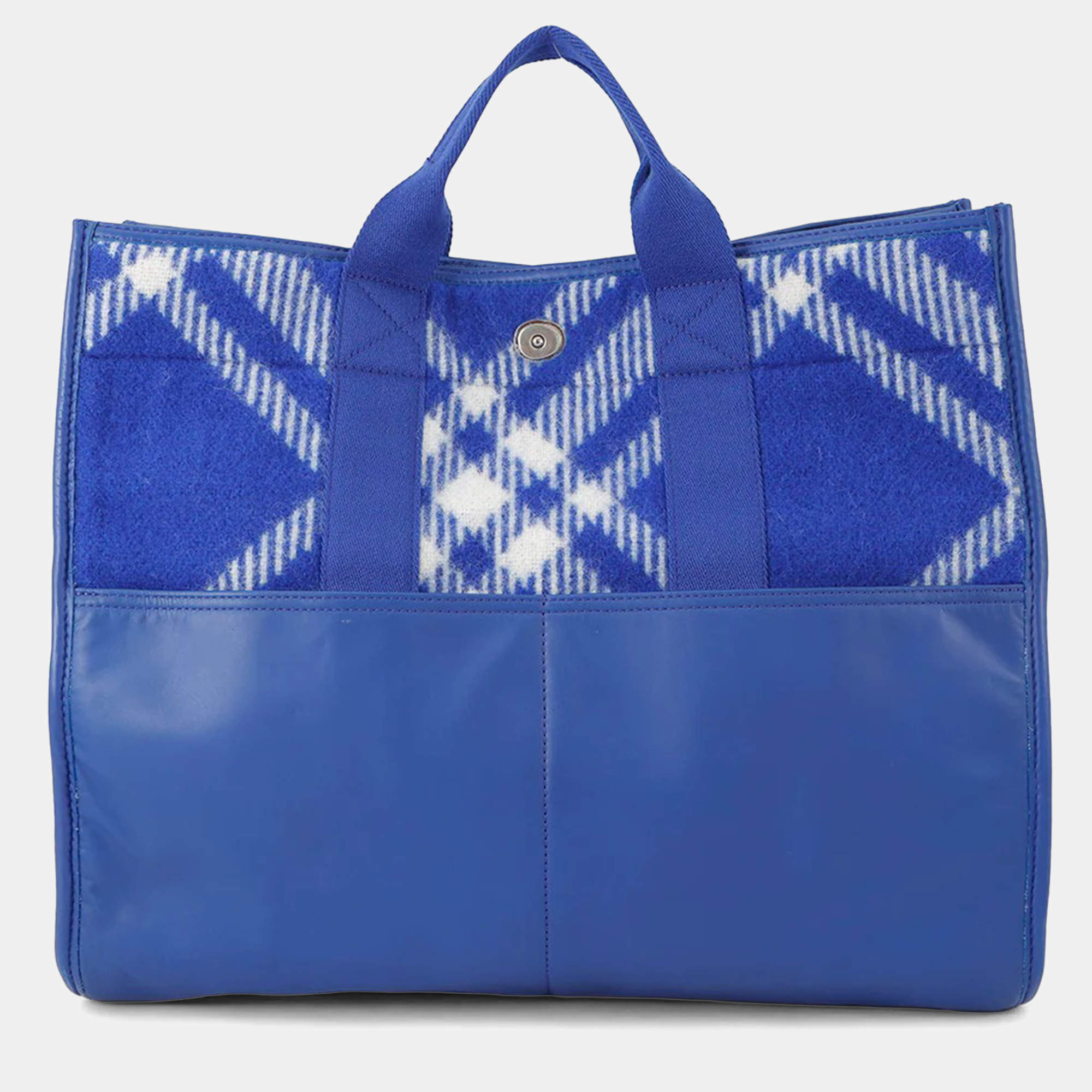 Pre Owned Burberry Check Blue Wool Leather Shopper Tote Bag