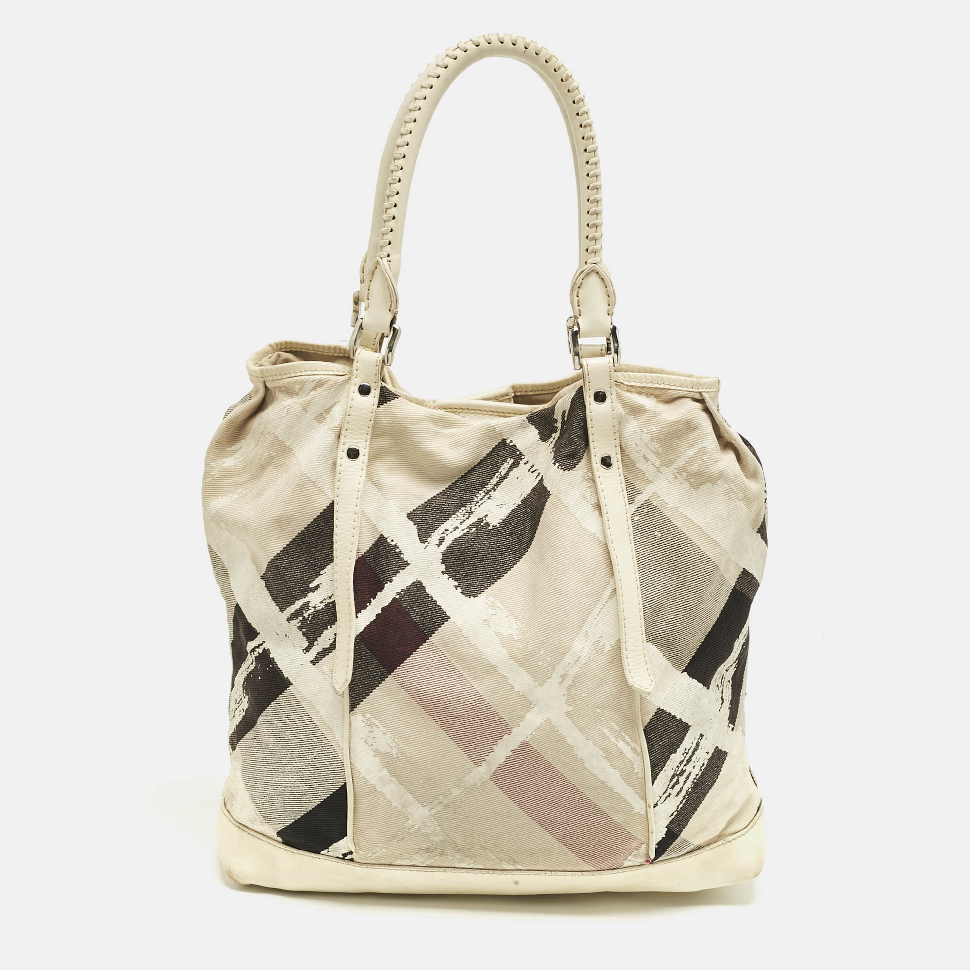 Pre Owned Burberry Cream/Off White Brushstroke Paint Canvas and Leather Snap Tote