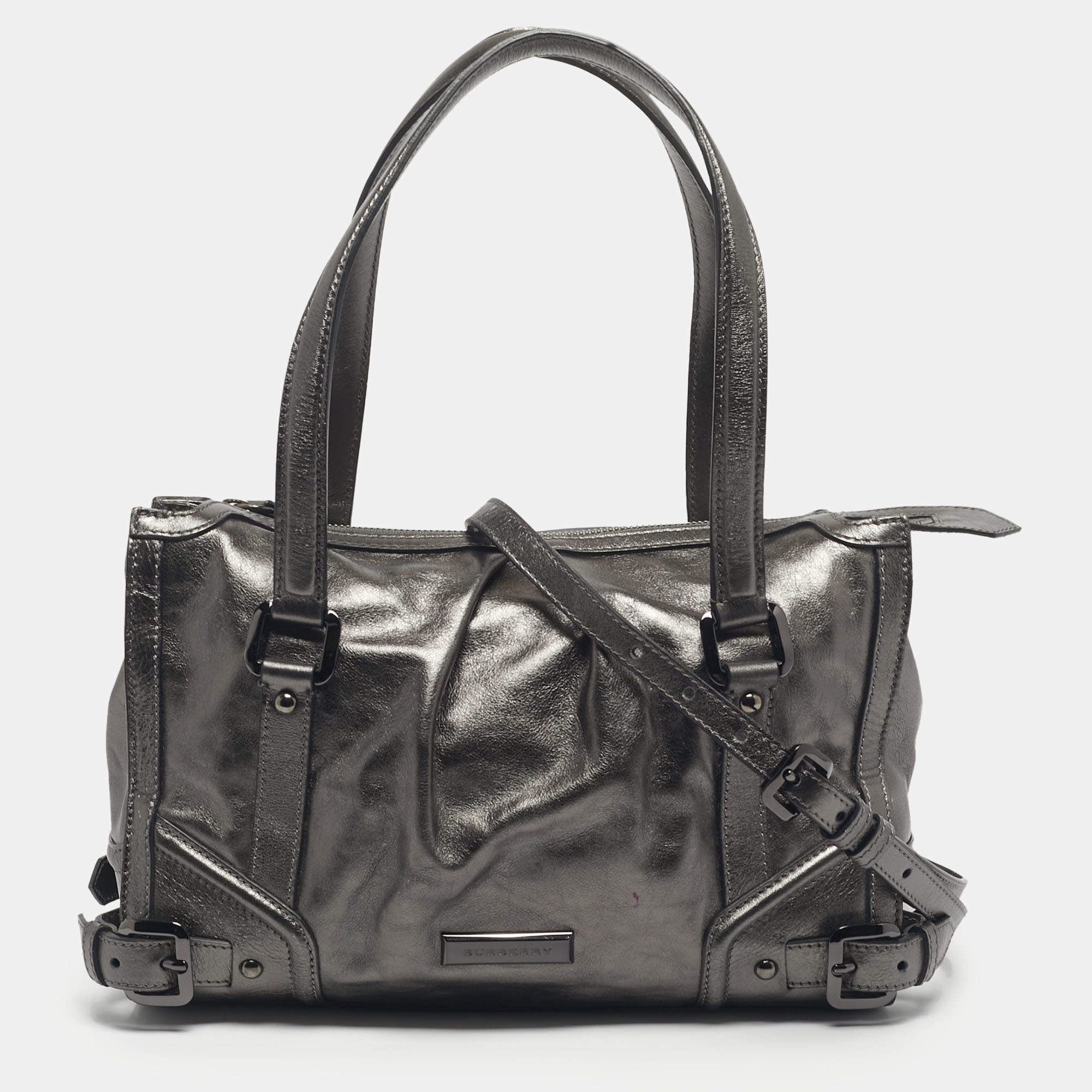 Pre Owned Burberry Metallic Grey Leather Pilgrim Tote