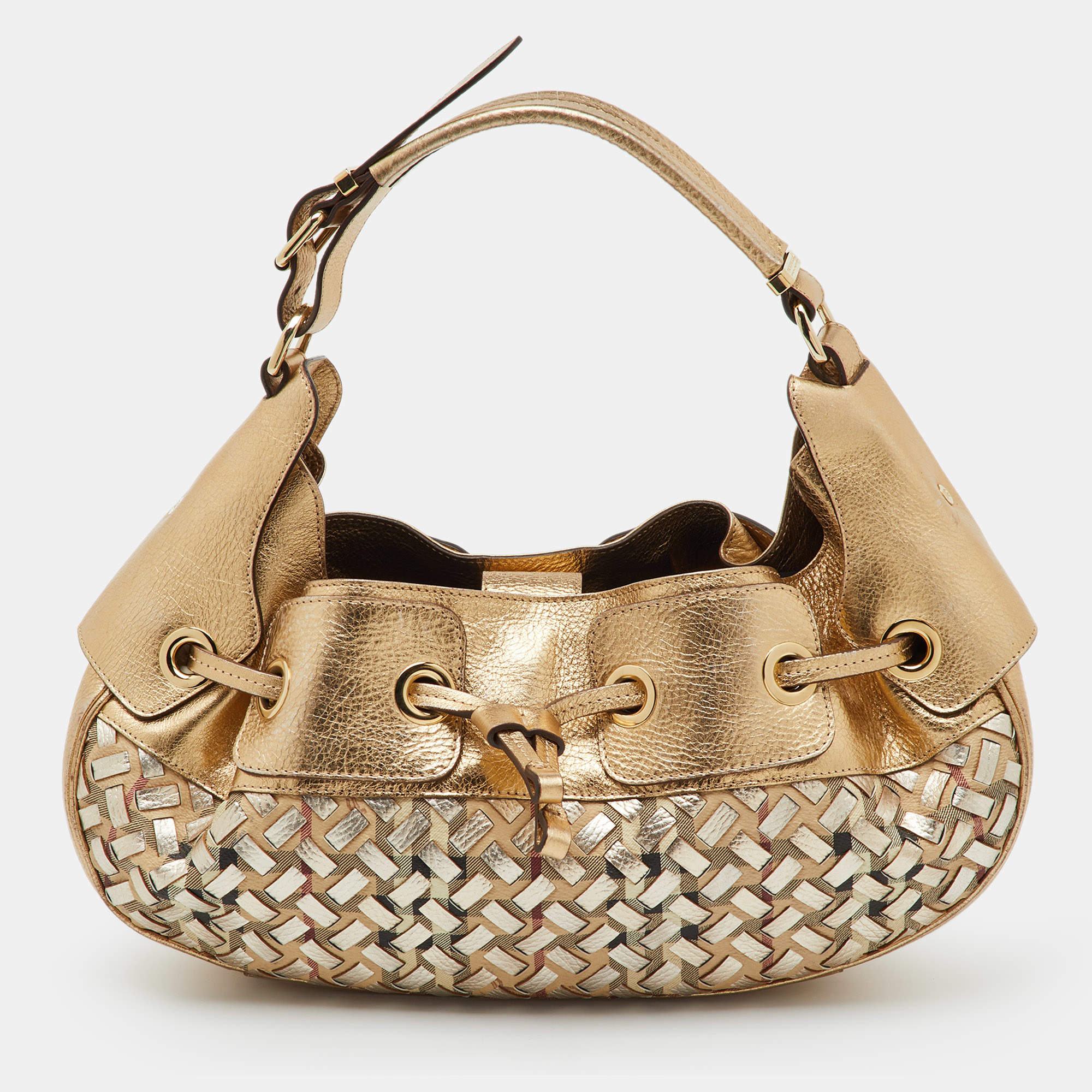 Pre Owned Burberry Gold/Beige Woven Leather and House Check Coated Canvas Warrior Hobo